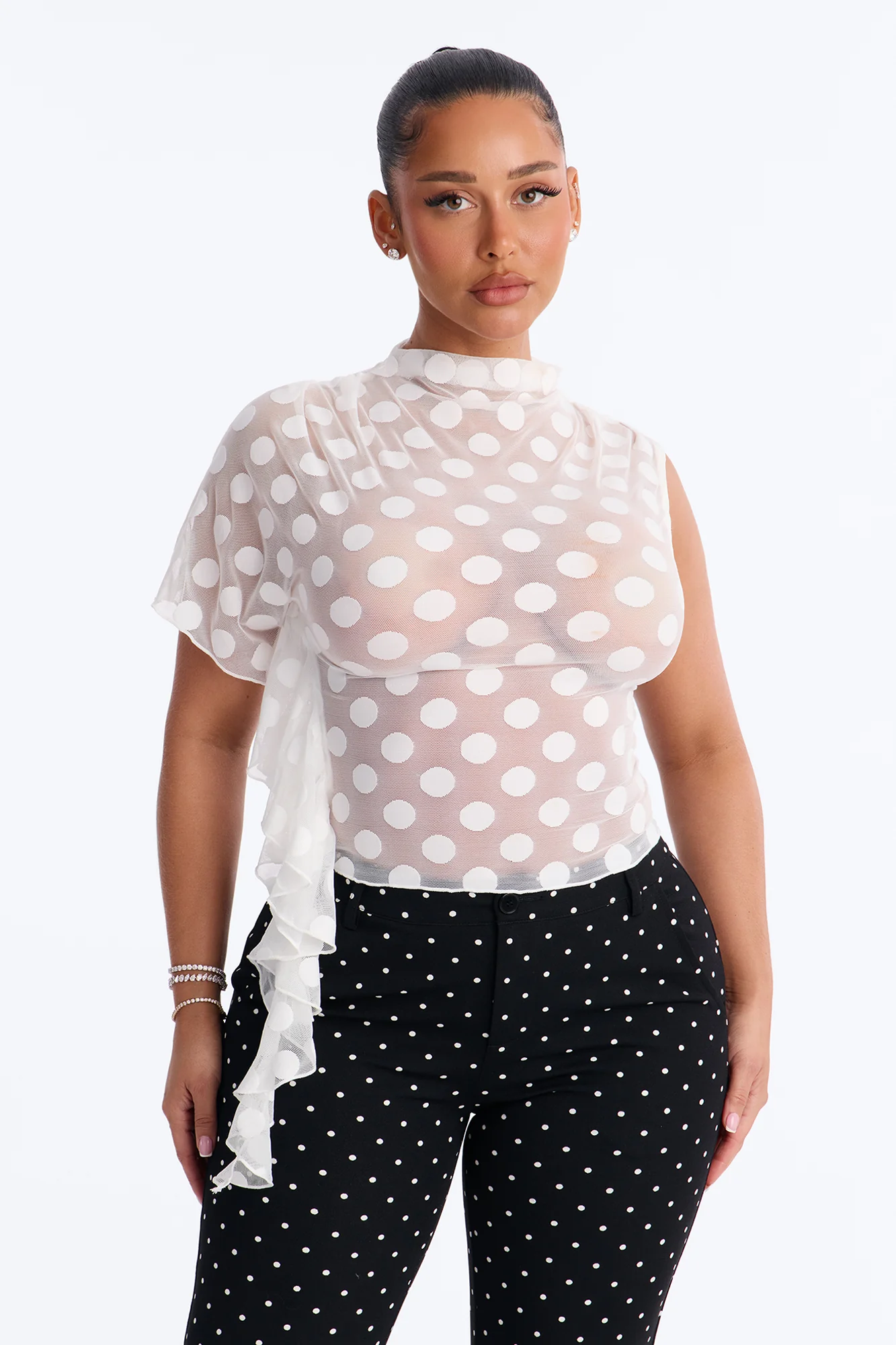 Sunday Brunch Polka Dot Mesh One Shoulder Top - White