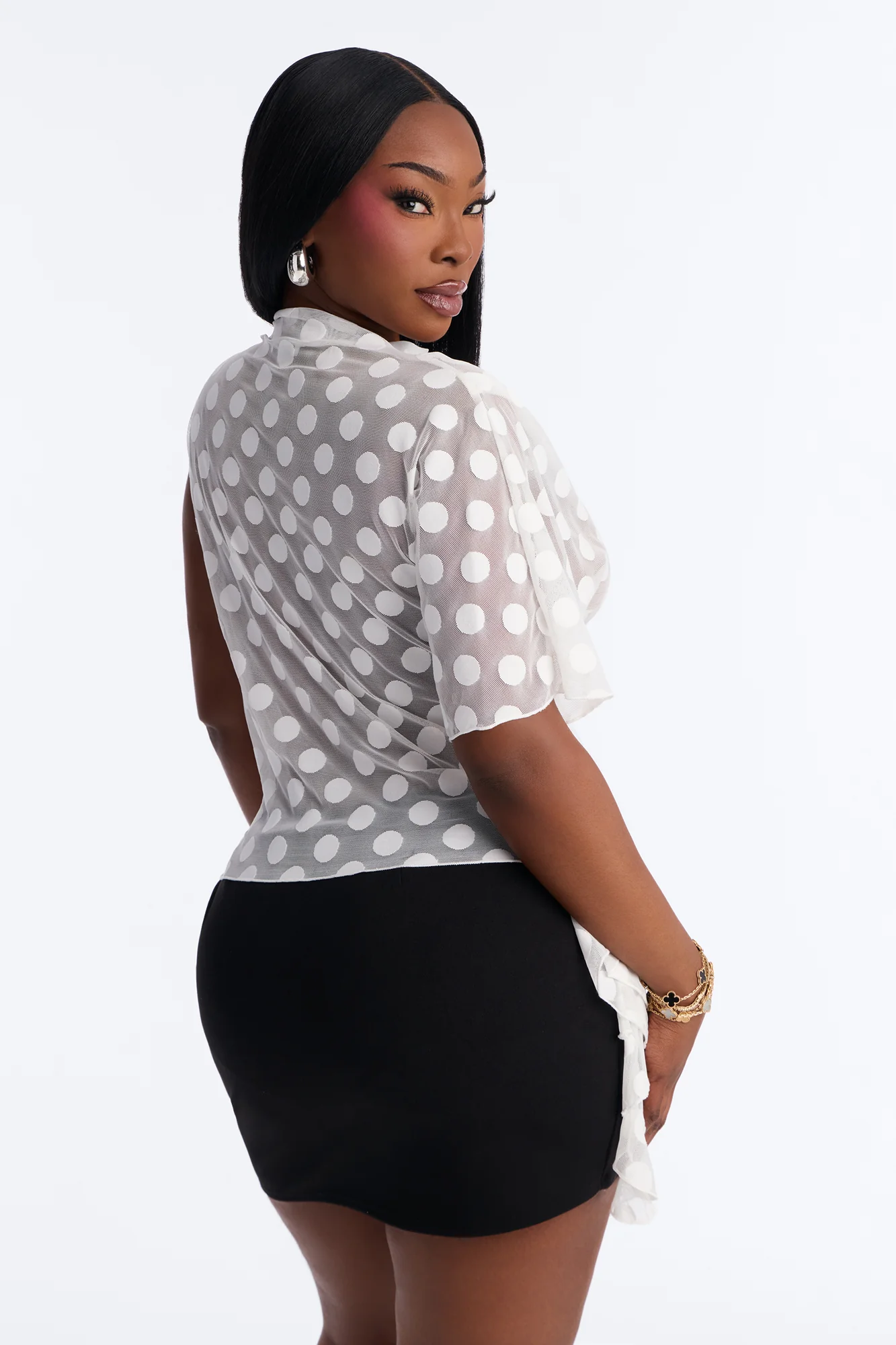 Sunday Brunch Polka Dot Mesh One Shoulder Top - White - Image 7