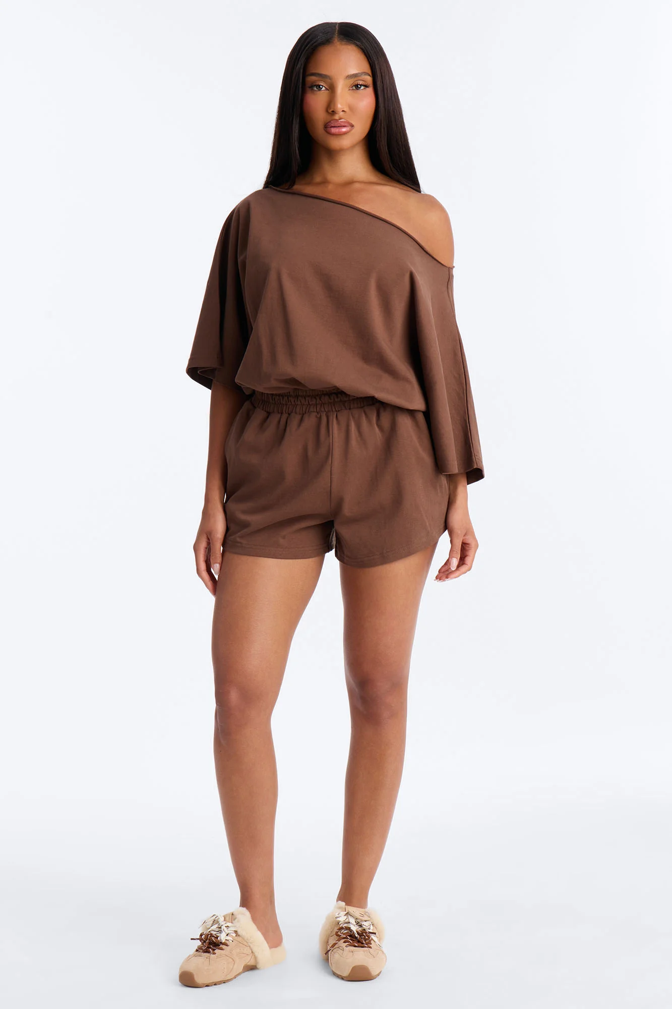 Sunday Dream Cotton Off Shoulder Romper - Chocolate