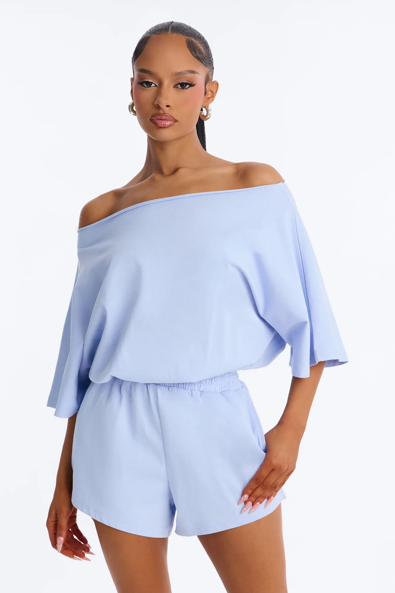 Sunday Dream Cotton Off Shoulder Romper - Dusty Blue