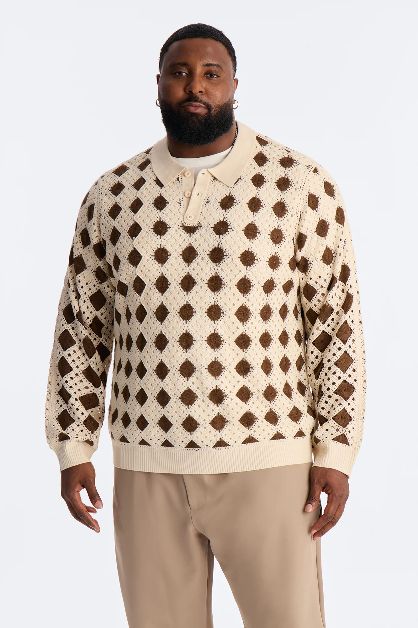 Sundown Crochet Knit Long Sleeve Polo - Cream - Image 5