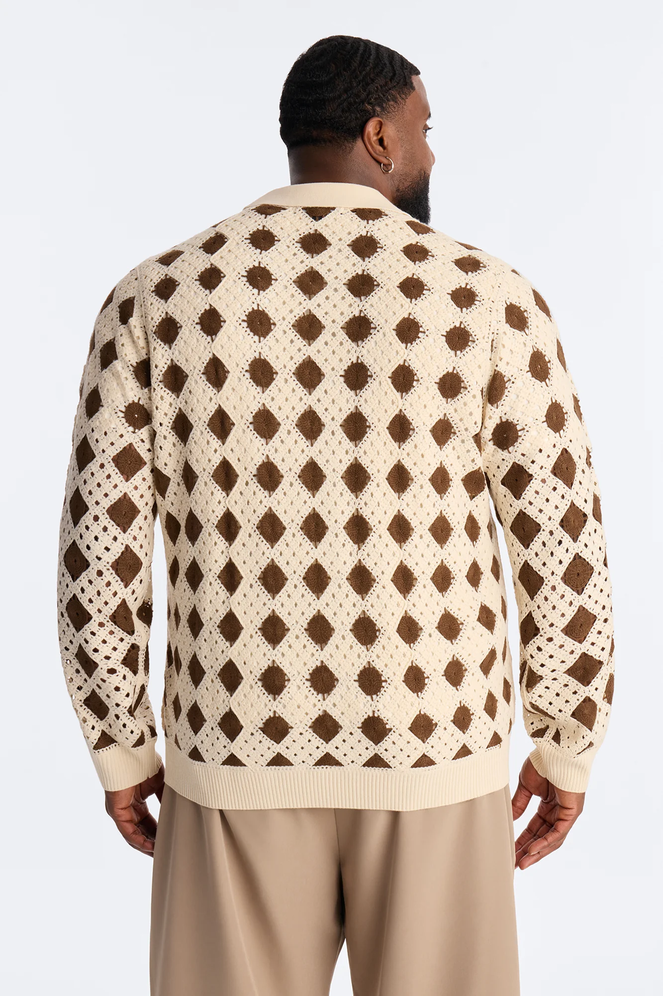 Sundown Crochet Knit Long Sleeve Polo - Cream - Image 8