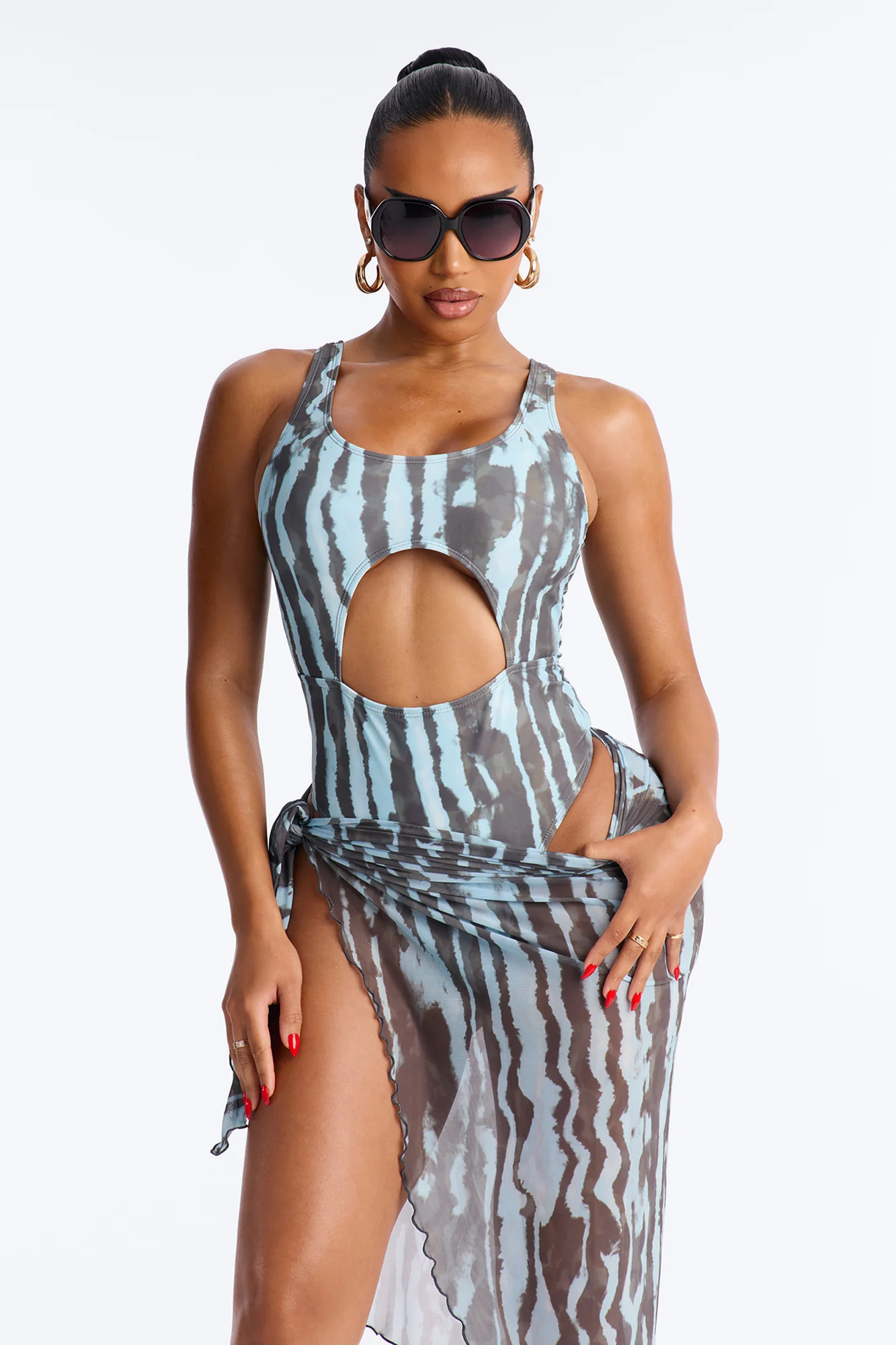 Sundown Stretch 1 Piece Animal Tie Dye Front Cut Out Swimsuit With Sarong - Blue - Image 2