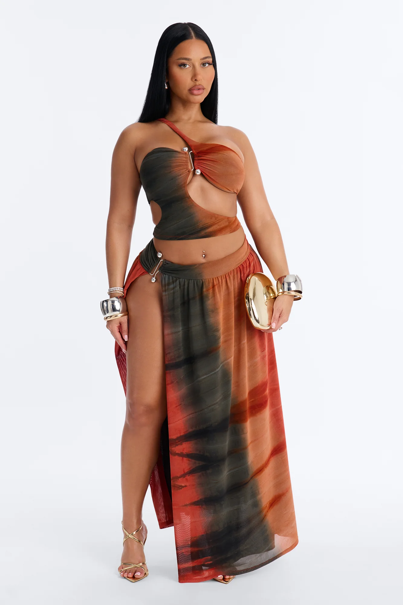 Sunkissed Flame Mesh Skirt Set - Rust/combo