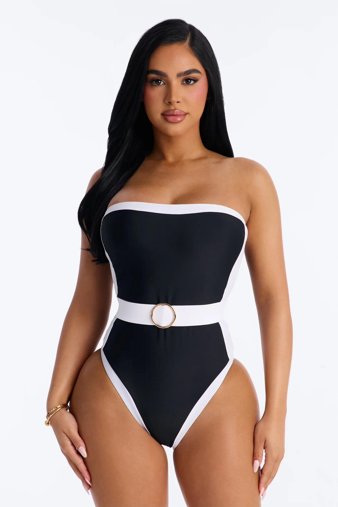 Sunny Days Colorblock Hardware Strapless 1 Piece Swimsuit - Black/White