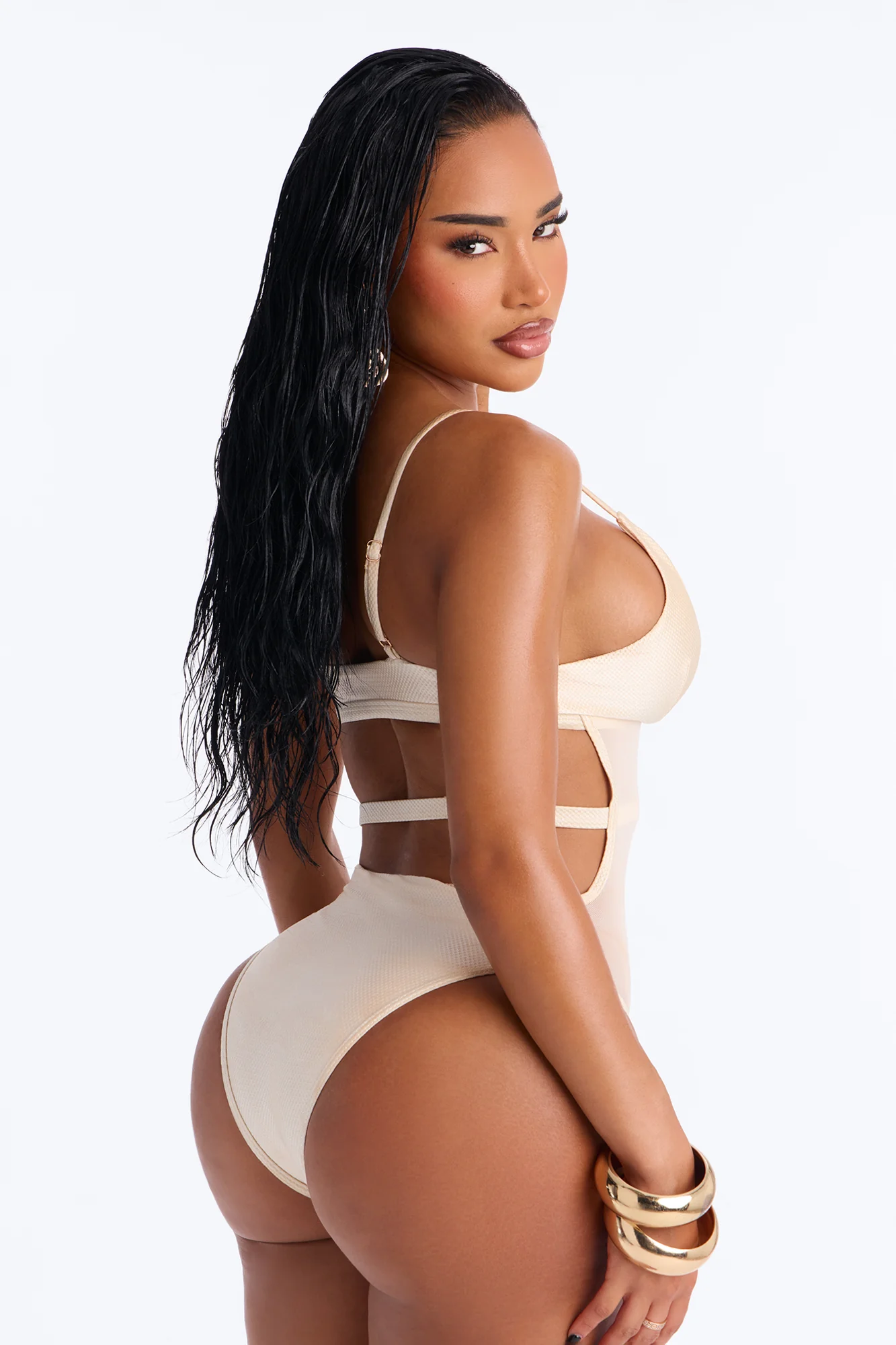 Sunny Honey 1 Piece Mesh Cut Out Swimsuit - Ivory - Image 3