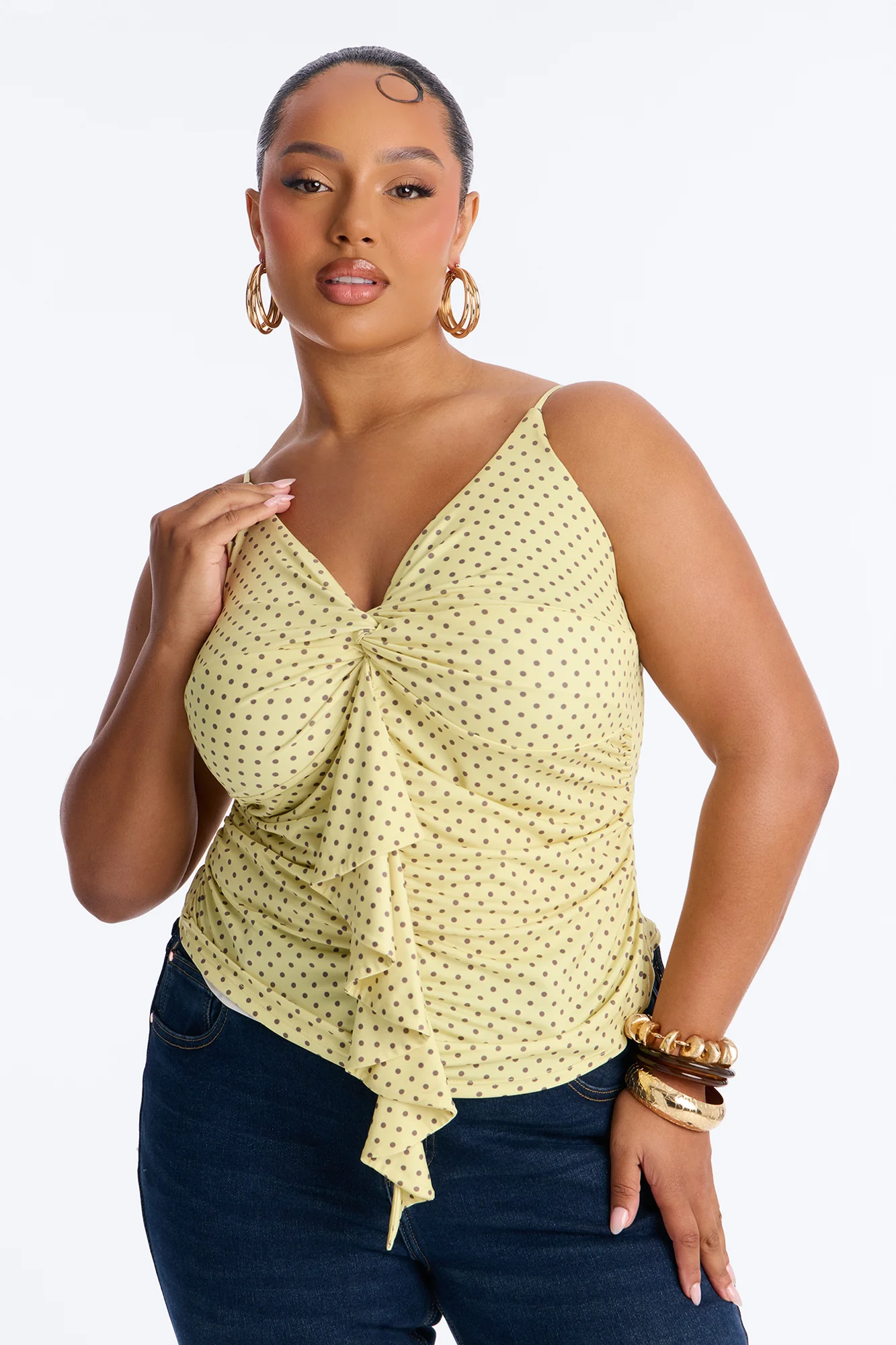 Sunny Polka Dot Ruffle Twist Tank Top - Yellow/combo - Image 5