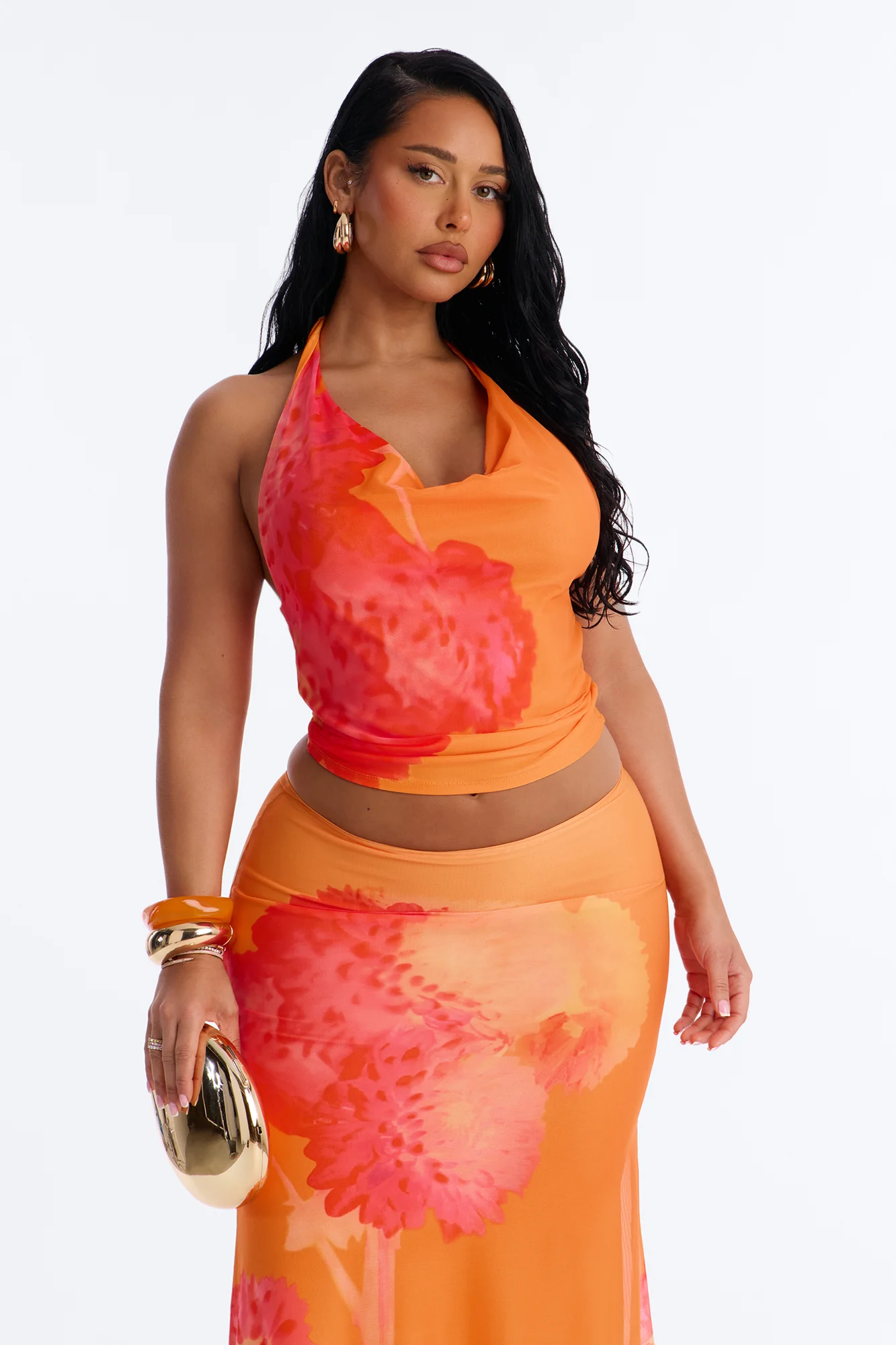 Sunset Petals Halter Mesh Maxi Skirt Set - Orange - Image 2
