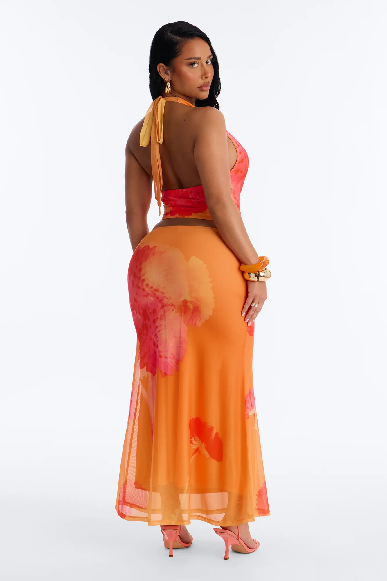 Sunset Petals Halter Mesh Maxi Skirt Set - Orange - Image 4