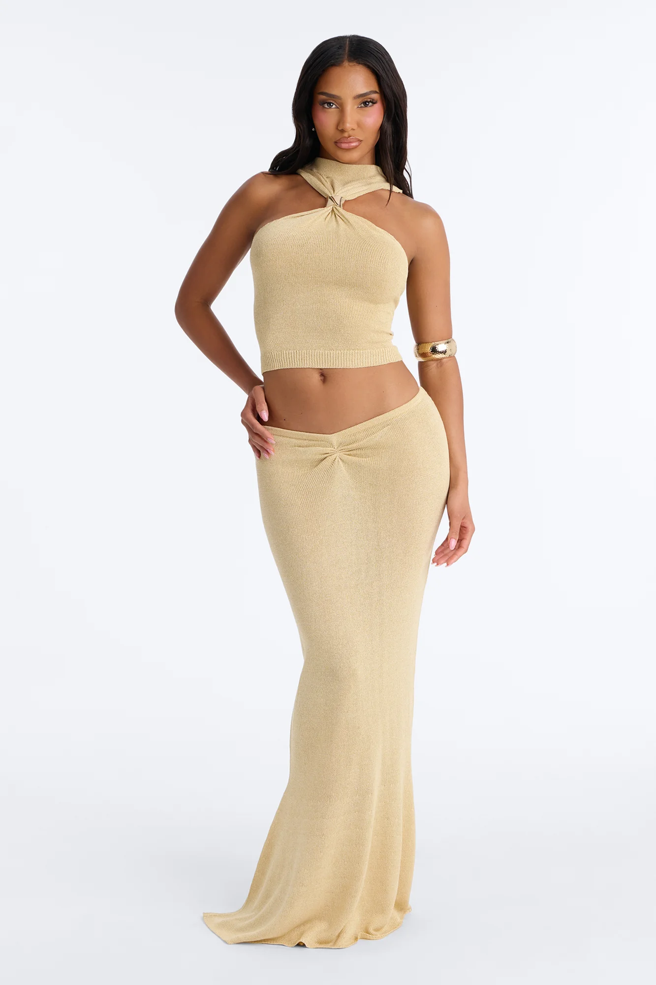 Sunset Ready Metallic Knit Maxi Skirt Set - Gold