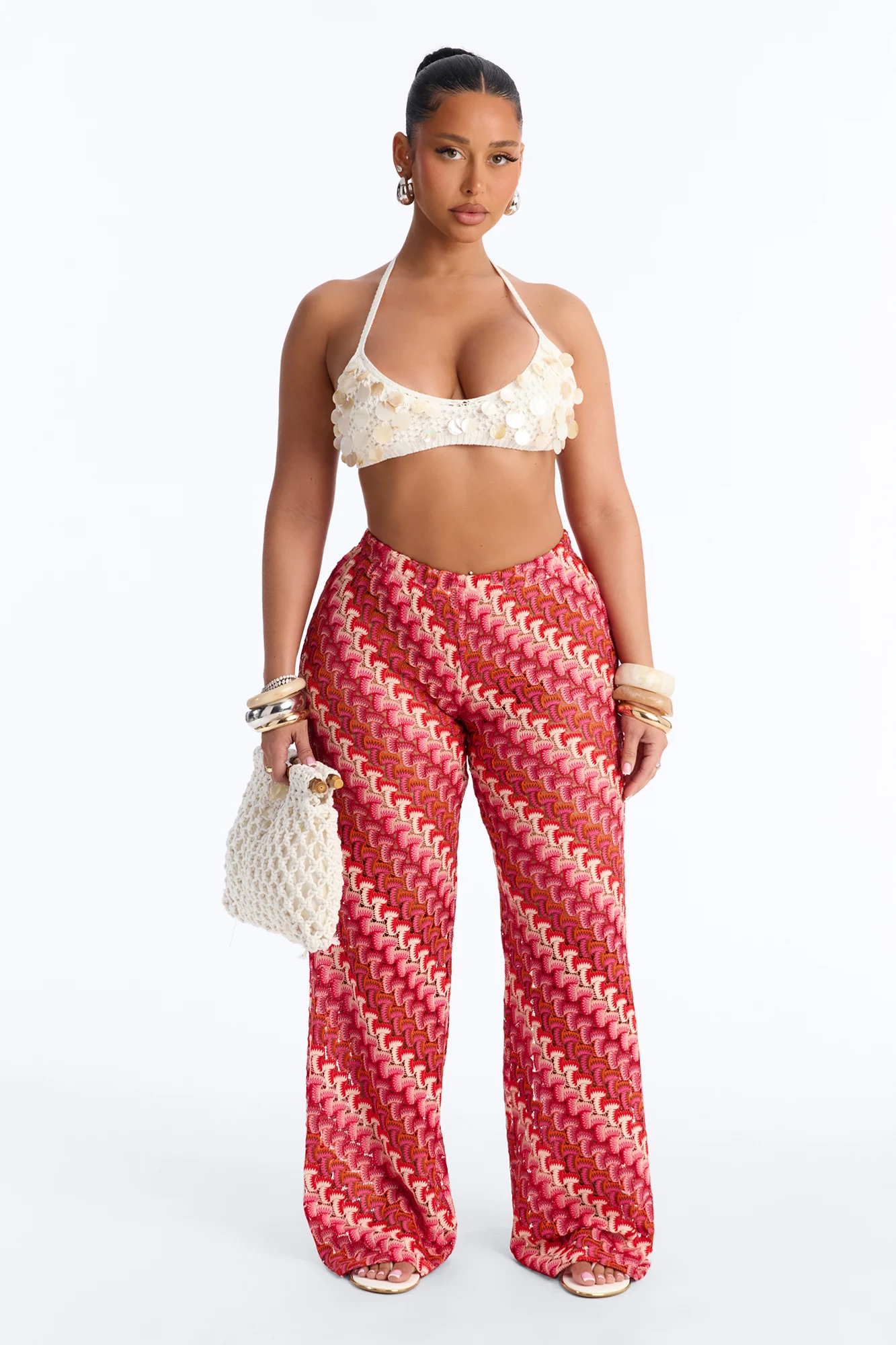 Sunset Seeker Low Rise Crochet Wide Leg Pant - Pink/combo