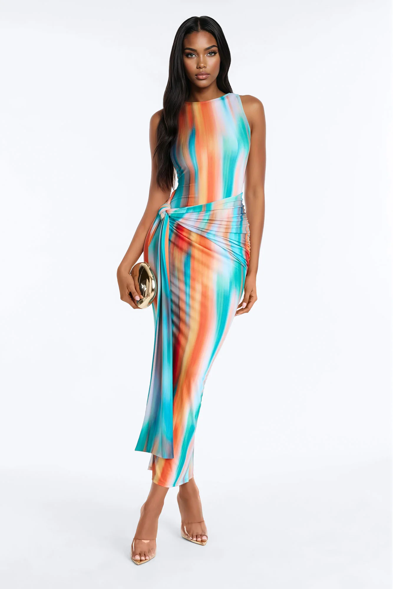 Sunset Vibes Draped Maxi Dress - Orange/combo