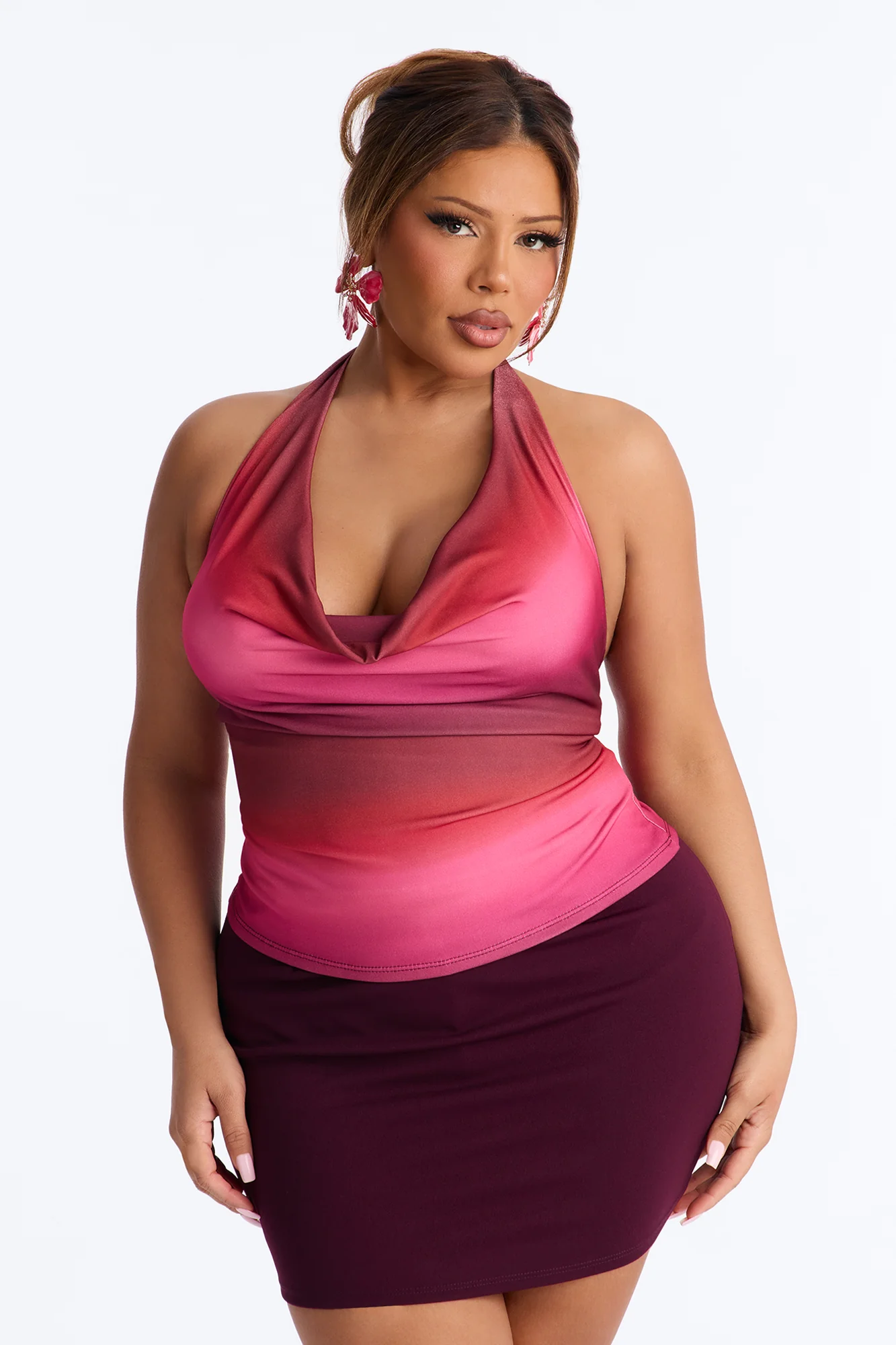 Sunset Vibes Ombre Cowl Neck Halter Top - Burgundy/combo - Image 6