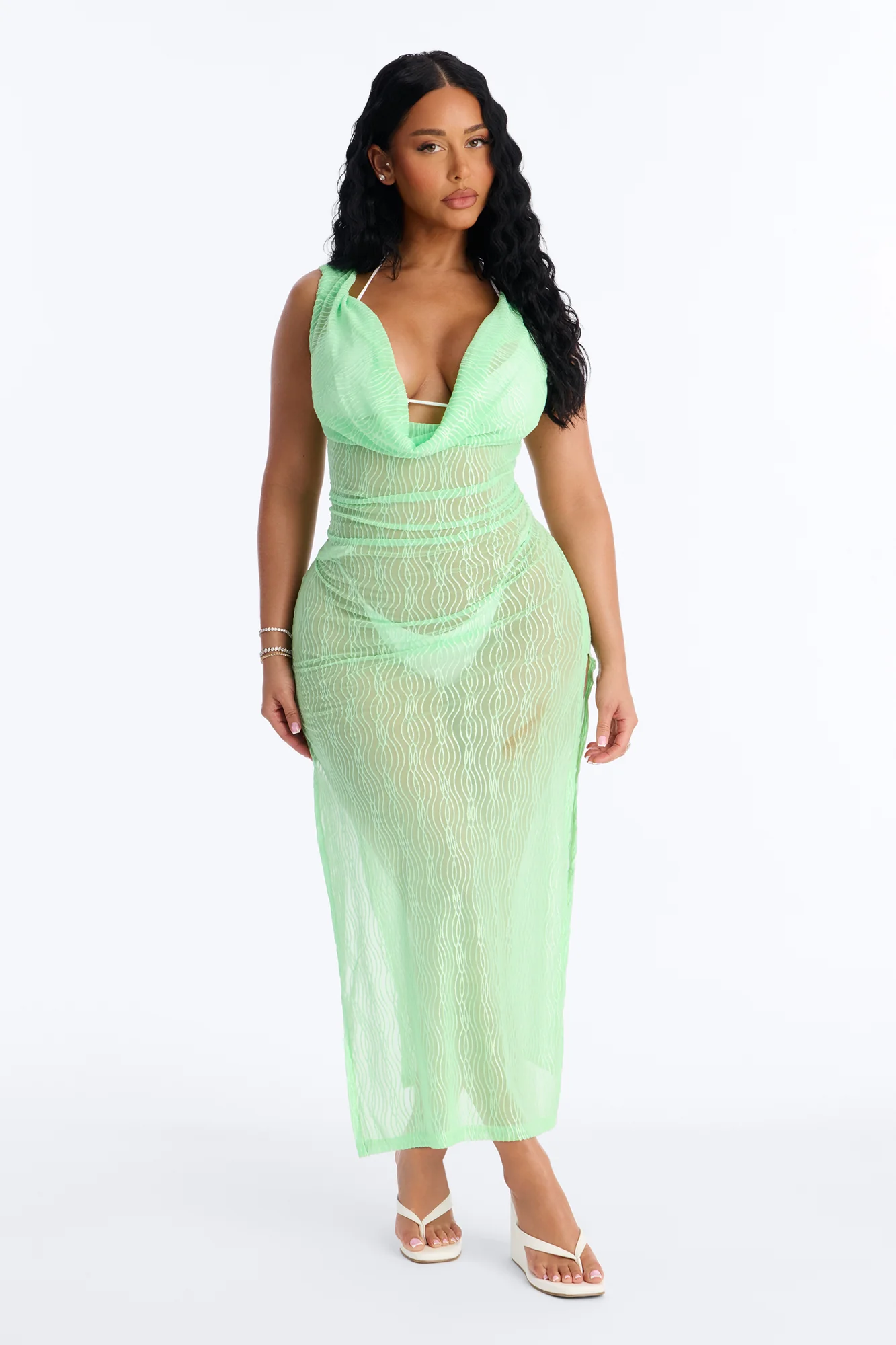 Sunshine Living Mesh Cover Up Cowl Midi Dress - Green