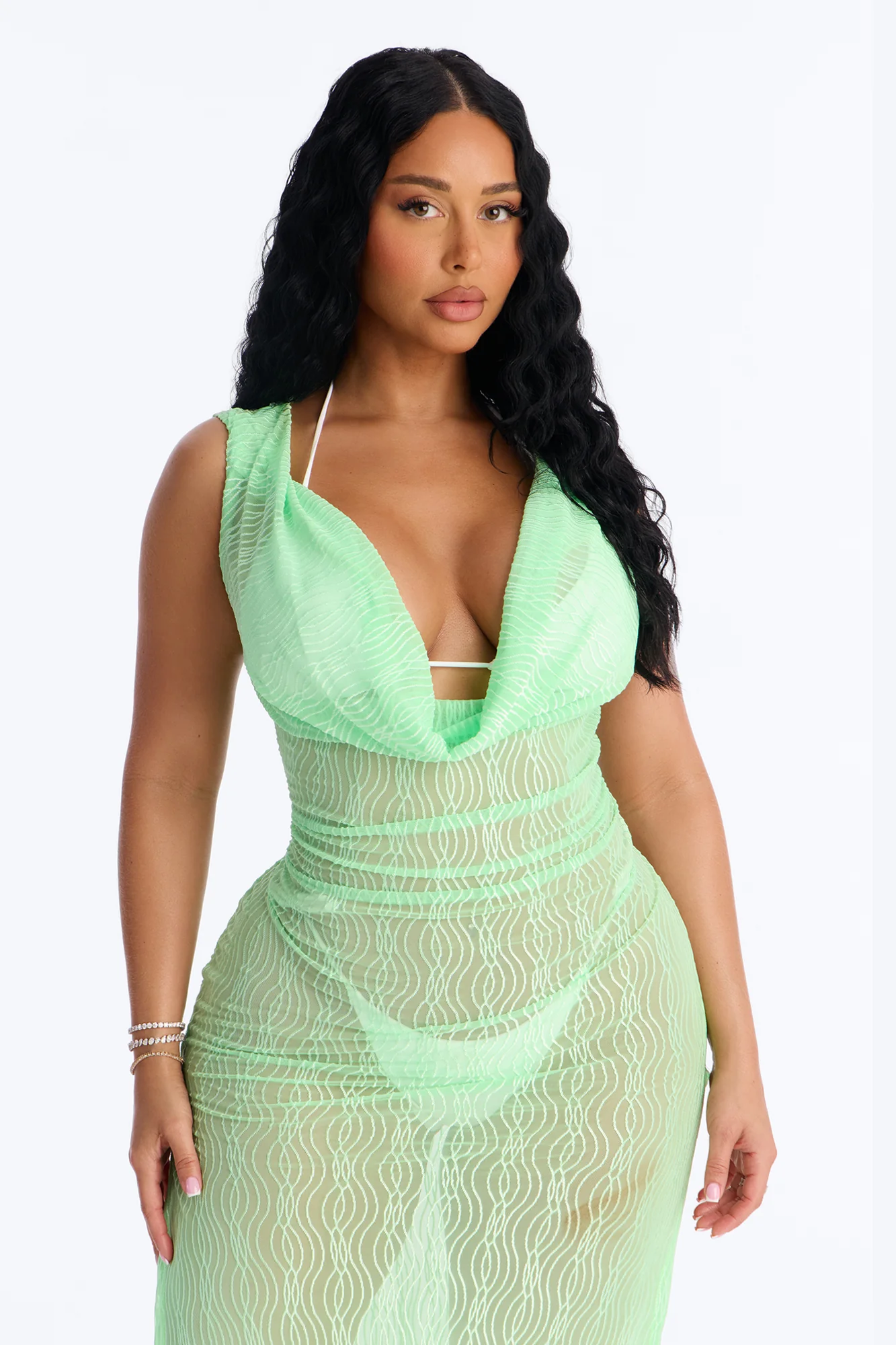 Sunshine Living Mesh Cover Up Cowl Midi Dress - Green - Image 2