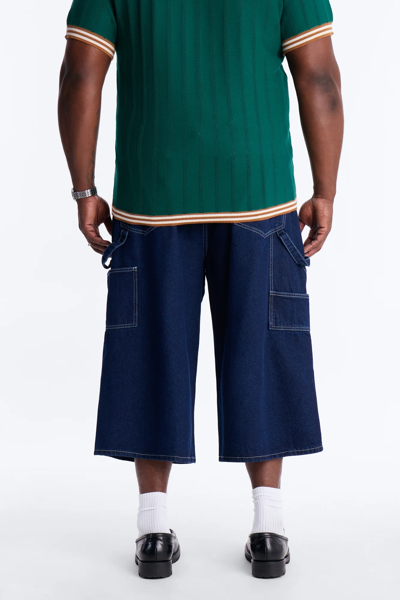 Super Baggy Button Drop Denim Shorts - Dark Wash - Image 10
