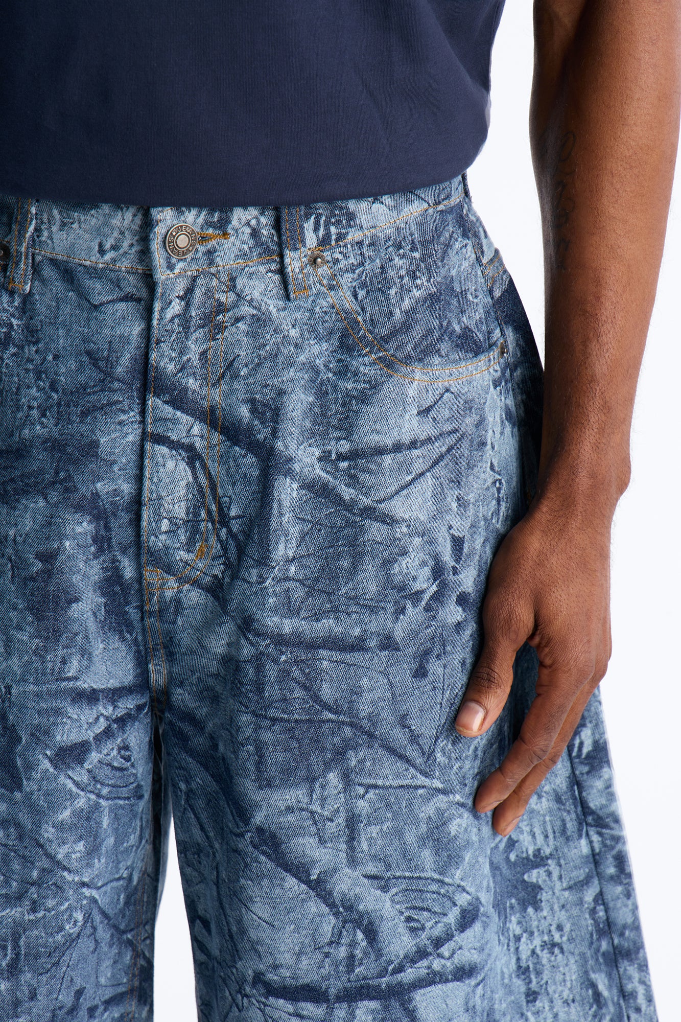 Super Baggy Concrete Camo Denim Short - Medium Blue Wash - Image 3