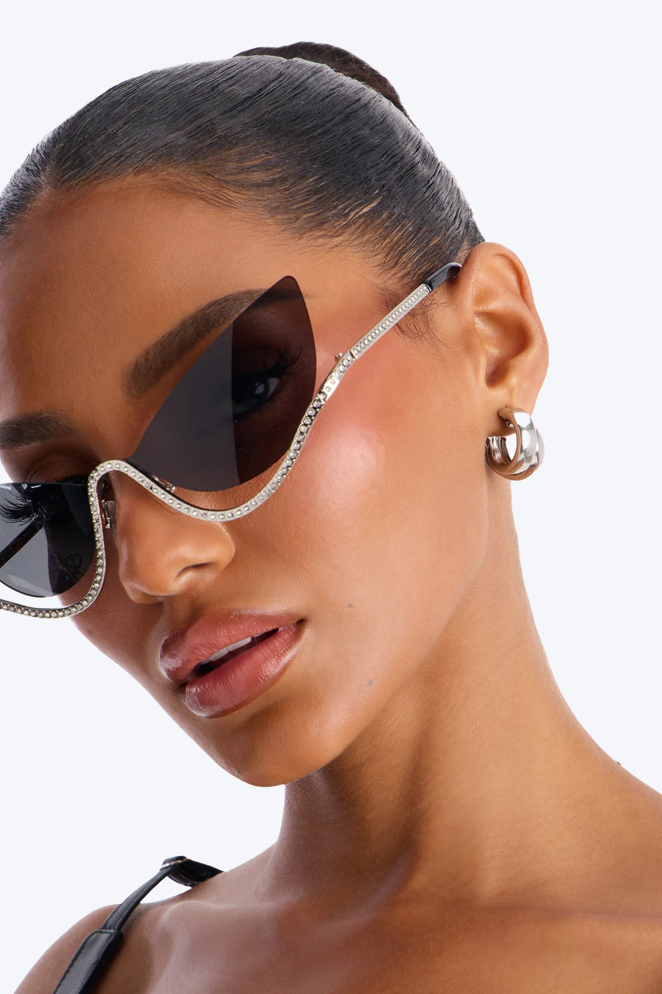 Super Nova Girl Rhinestone Sunglasses - Silver/Black - Image 2