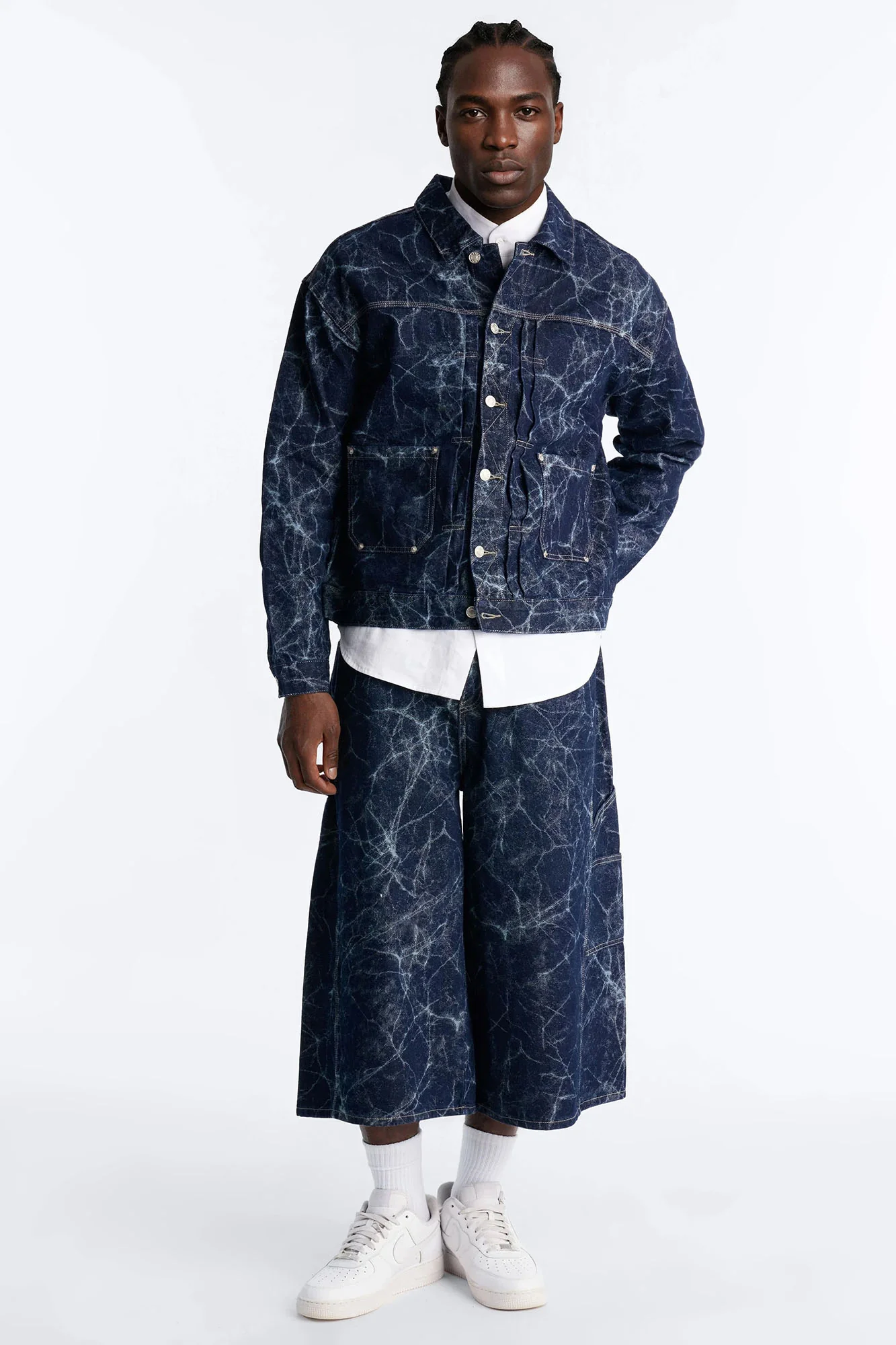 Supper Baggy Marble Flow Denim Short - Dark Wash