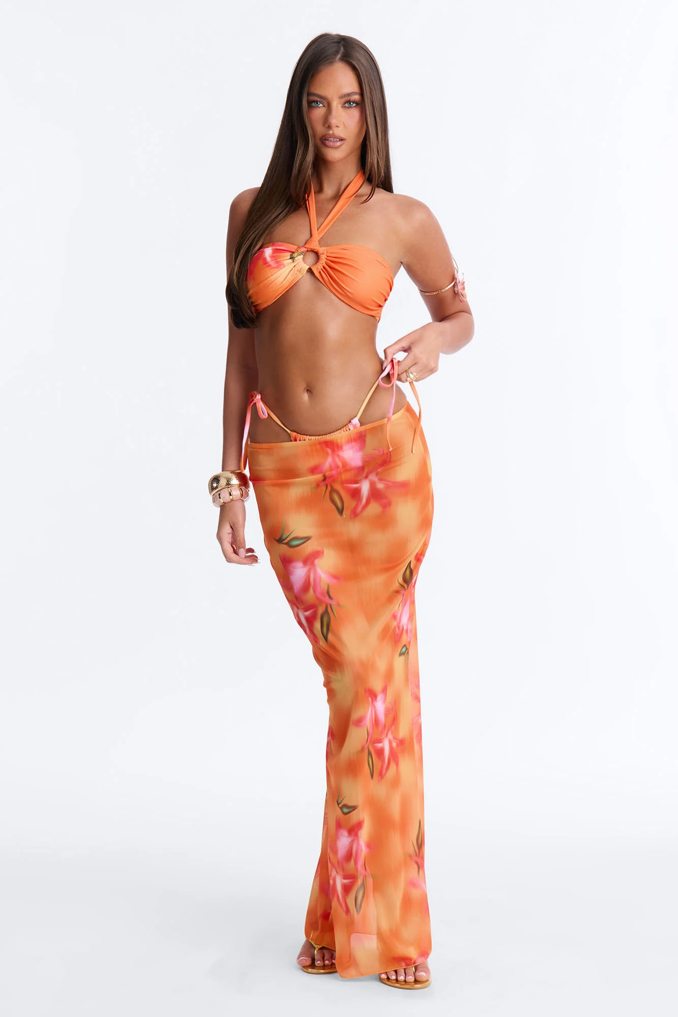 Susanna Floral Bandeau Maxi 3 Piece Bikini Skirt Set - Orange