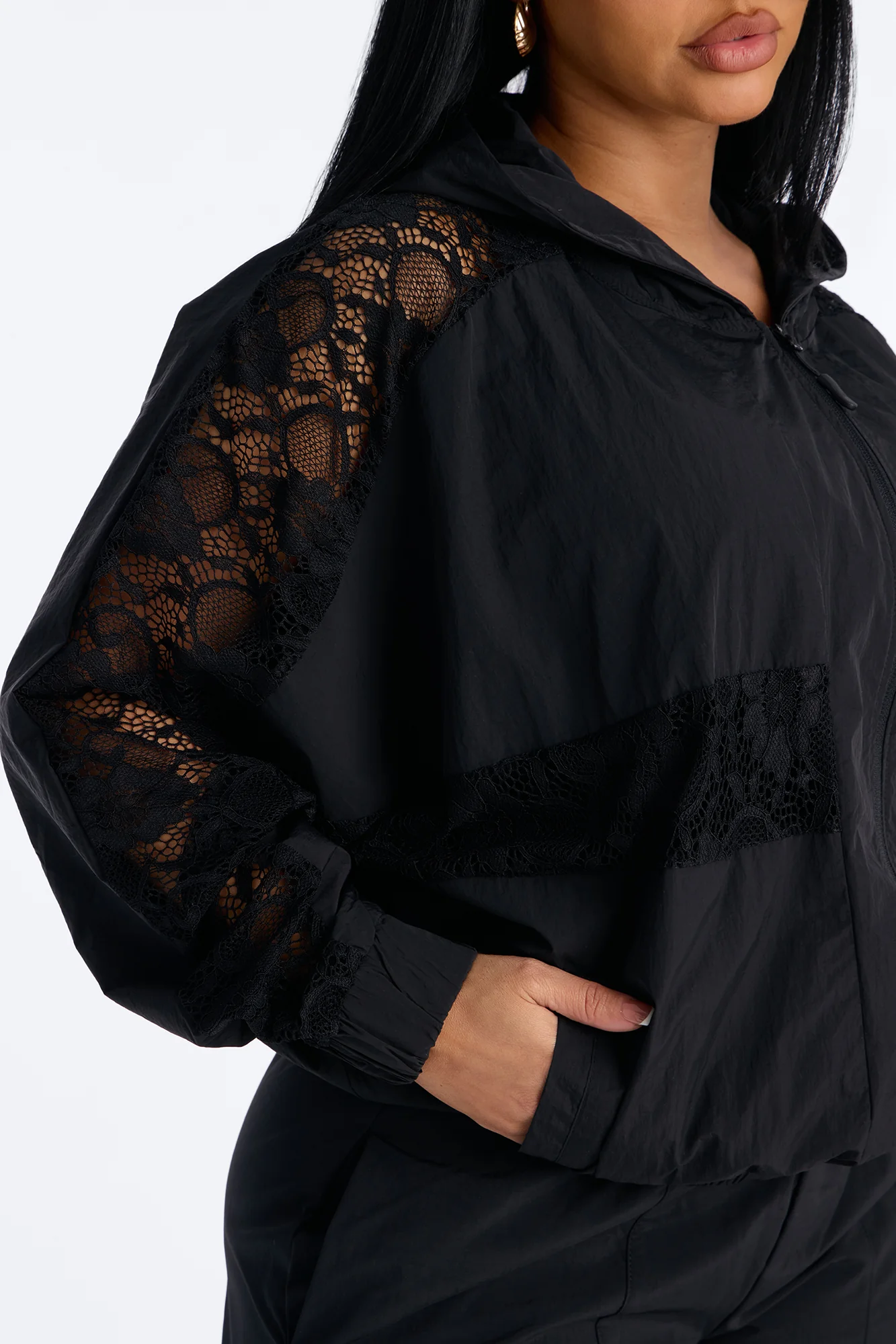 Sweet Addiction Lace Trim Windbreaker Jacket - Black - Image 3