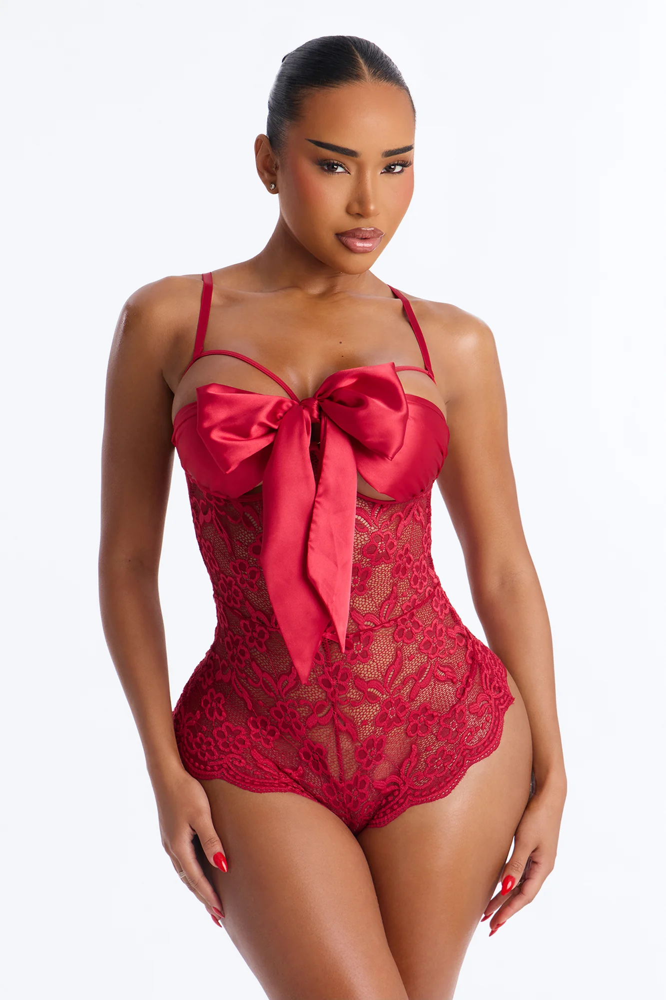 Sweet And Subtle Lace Open Cup Crotchless Teddy - Red