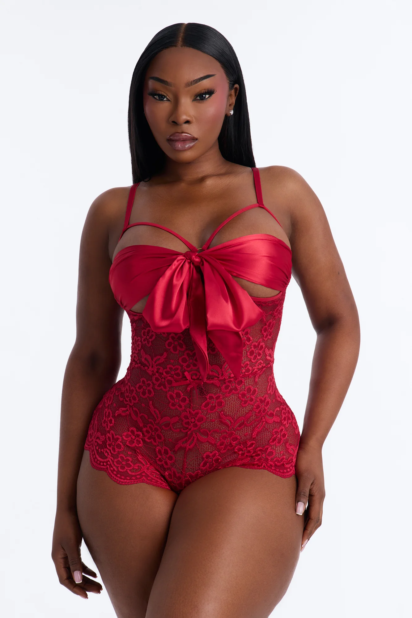 Sweet And Subtle Lace Open Cup Crotchless Teddy - Red - Image 4