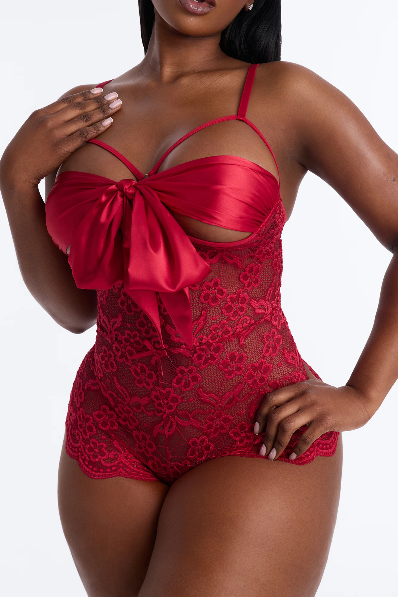 Sweet And Subtle Lace Open Cup Crotchless Teddy - Red - Image 5