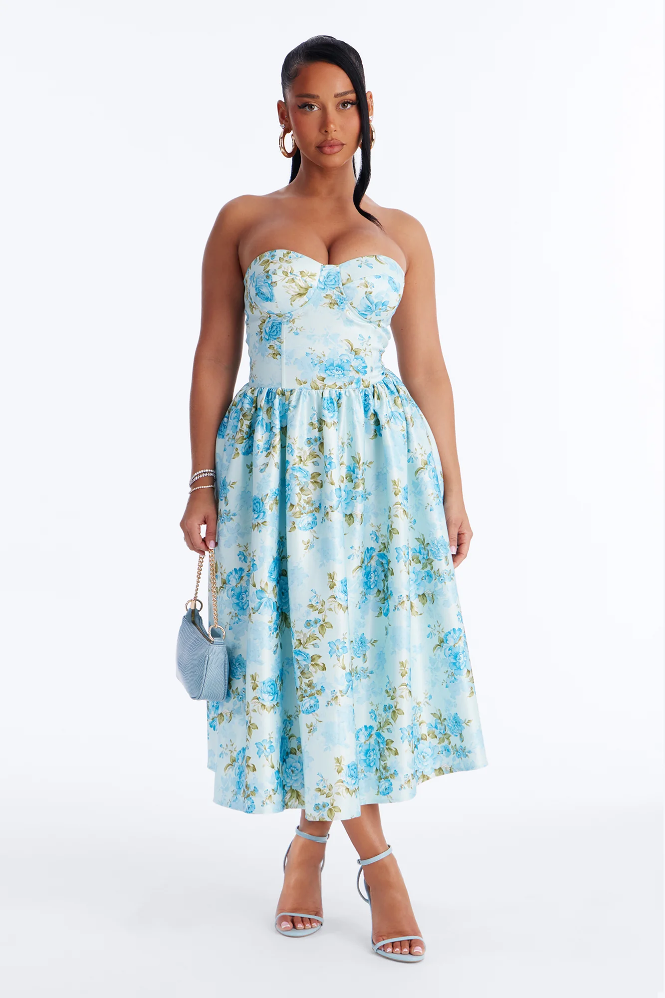 Sweet Delicate Floral Satin Midi Dress - Blue