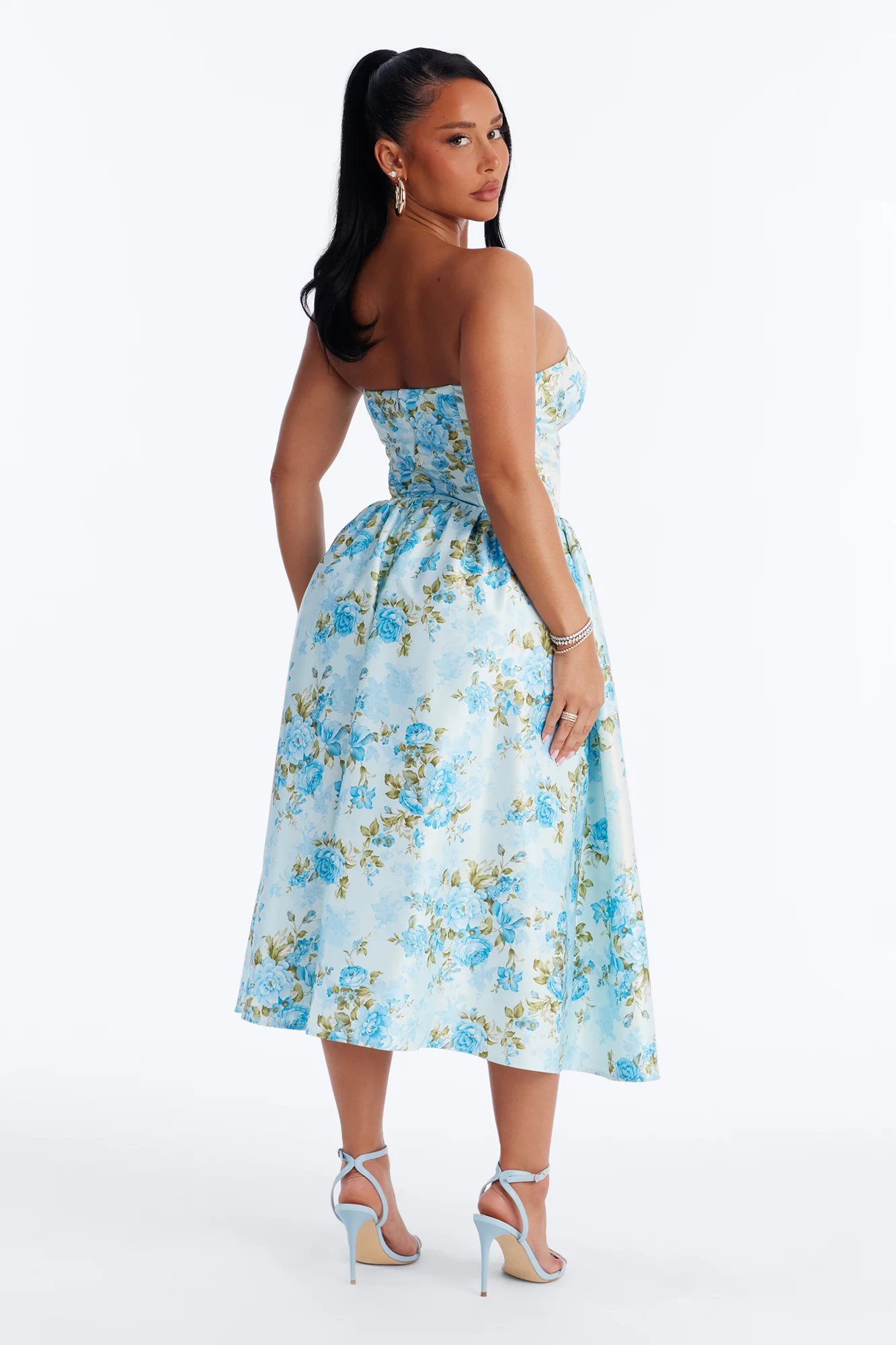 Sweet Delicate Floral Satin Midi Dress - Blue - Image 4