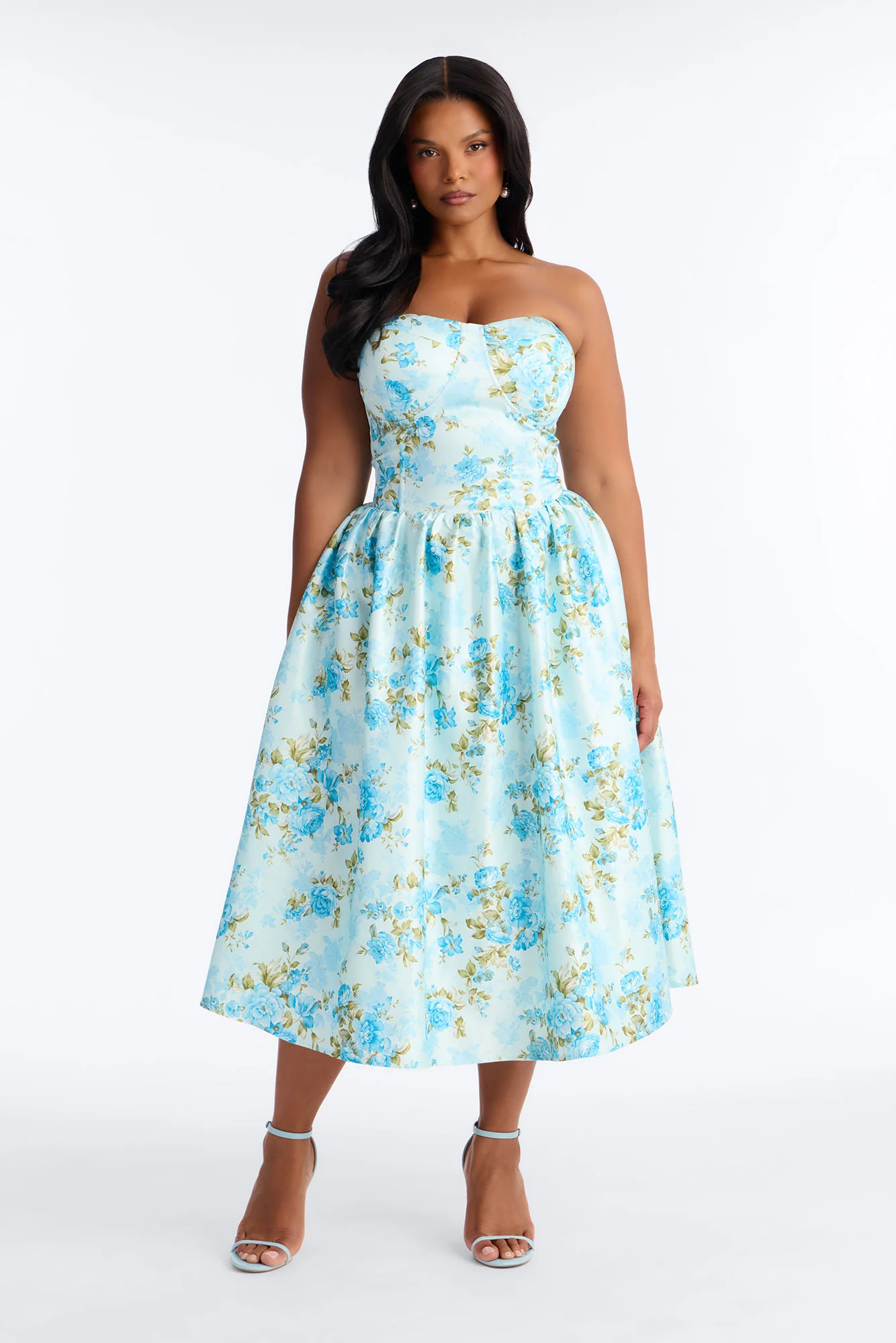 Sweet Delicate Floral Satin Midi Dress - Blue - Image 5