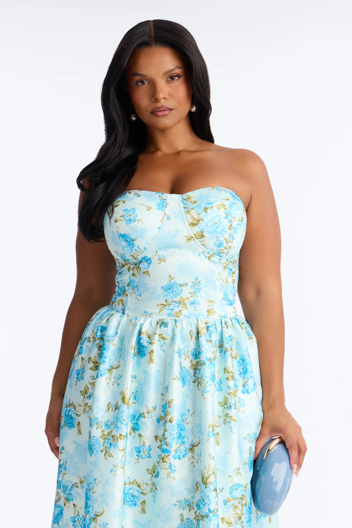 Sweet Delicate Floral Satin Midi Dress - Blue - Image 6