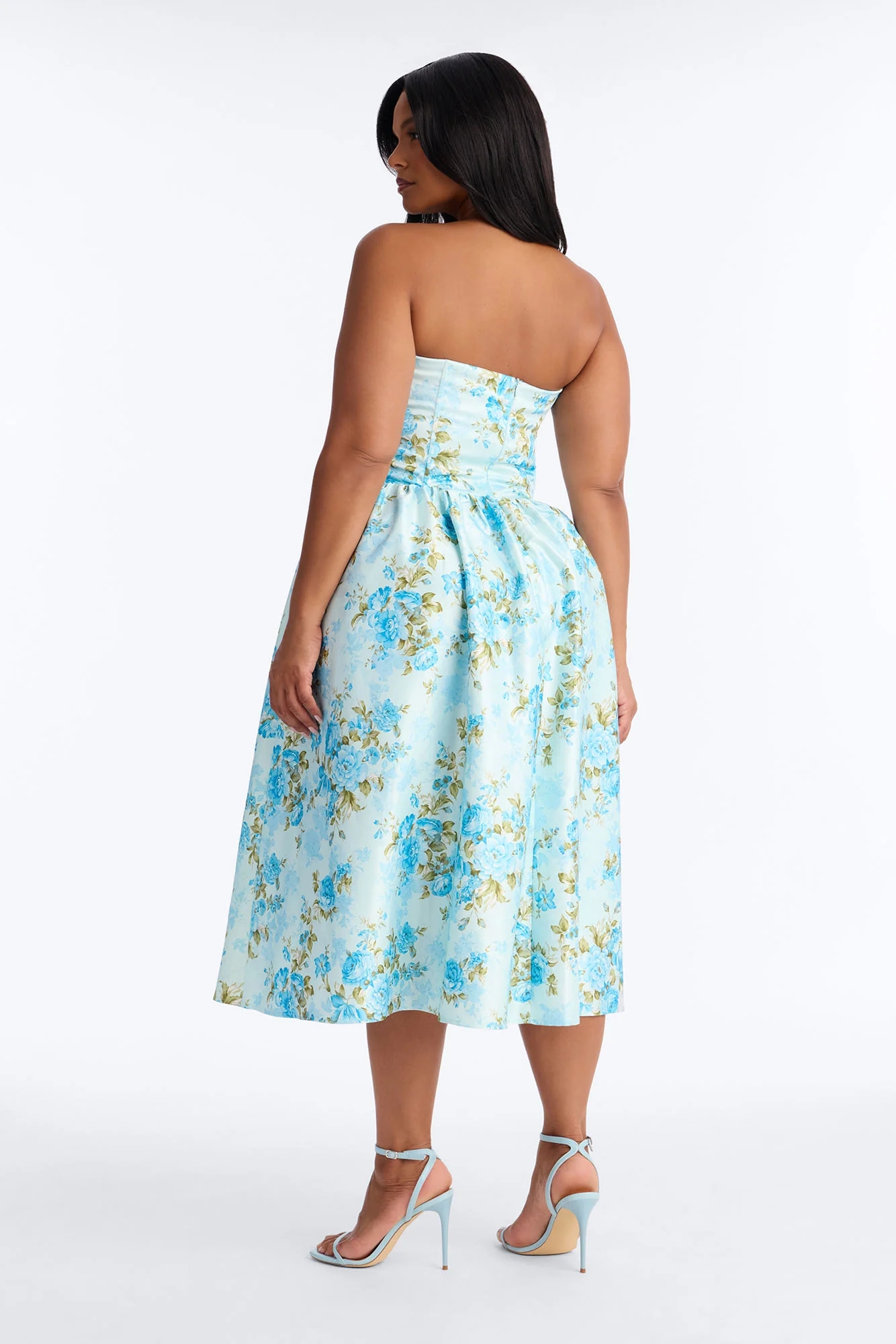Sweet Delicate Floral Satin Midi Dress - Blue - Image 7