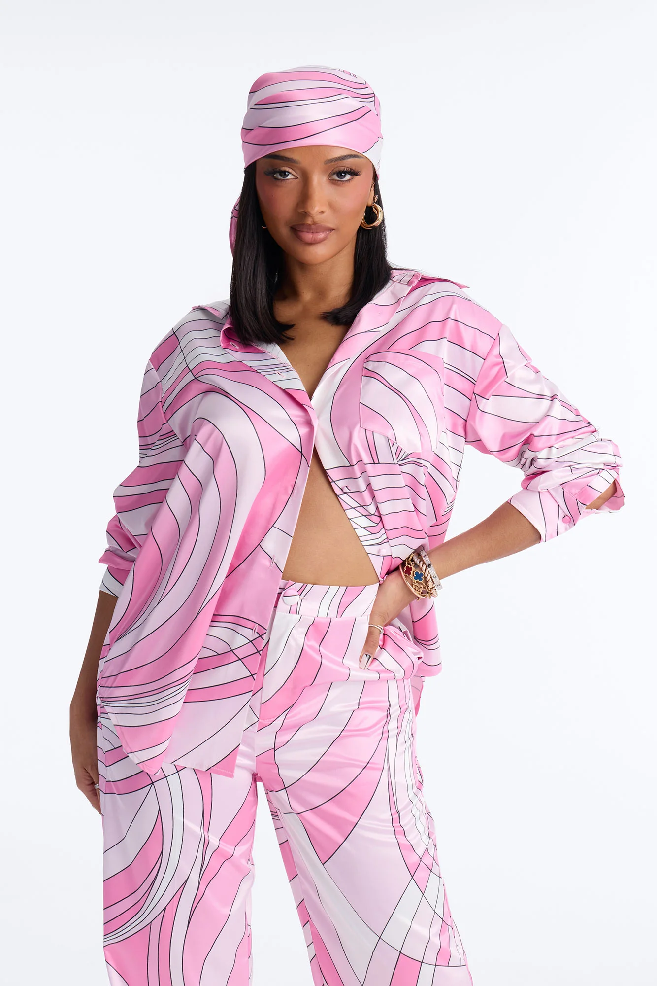 Sweet Illusions Satin 3 Piece Pant Set - Pink - Image 2