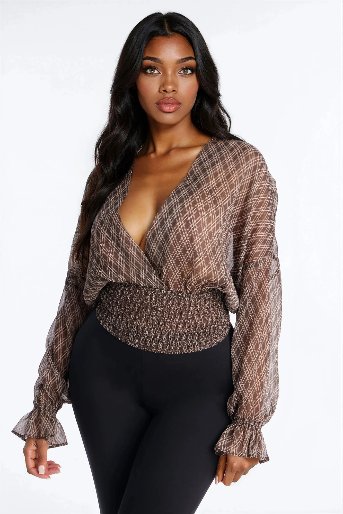 Sweet Life Smocked Plaid Chiffon Top - Brown/combo - Image 2