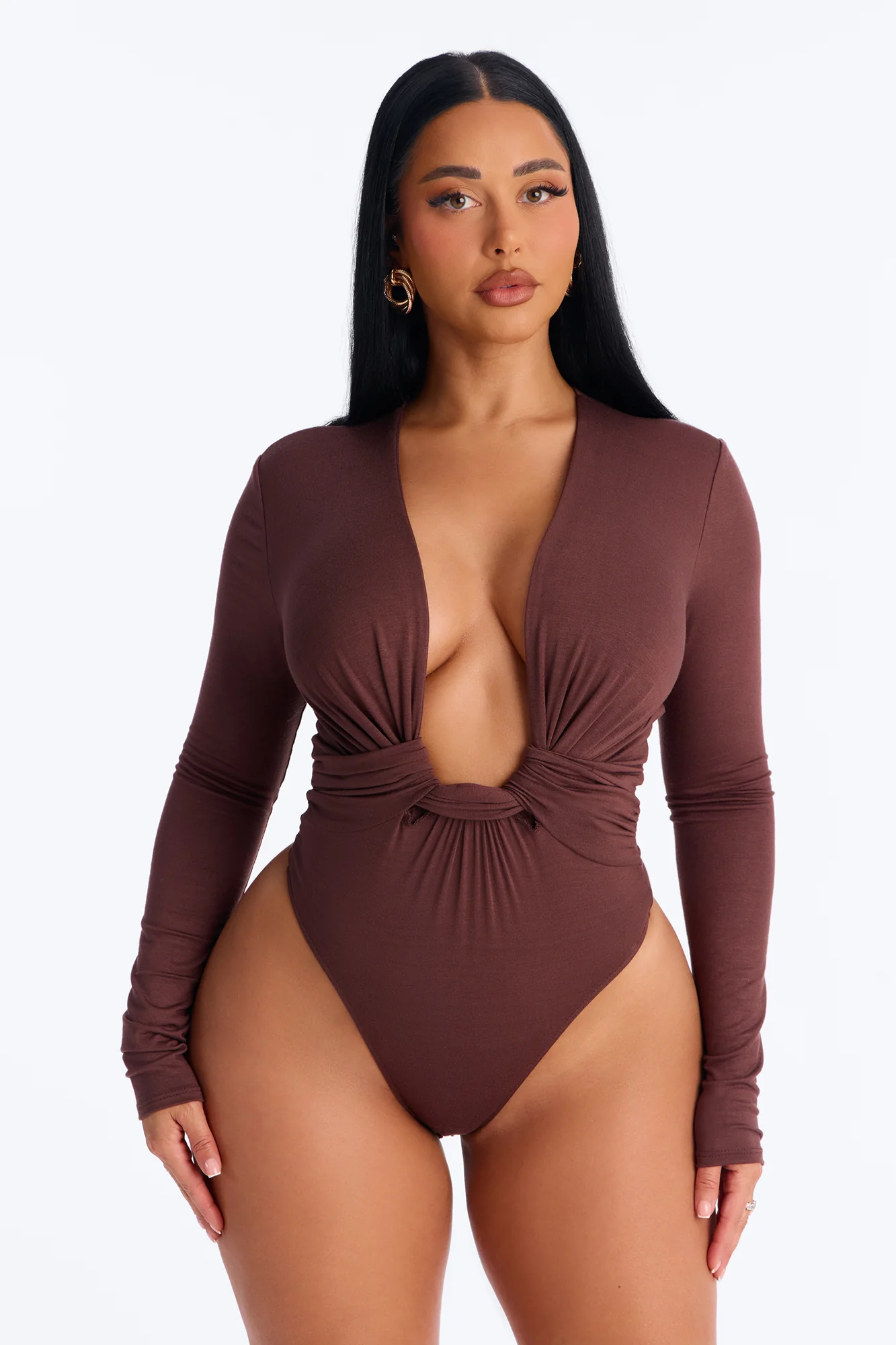 Sweet Oasis Deep V-Neck Long Sleeve Bodysuit - Brown
