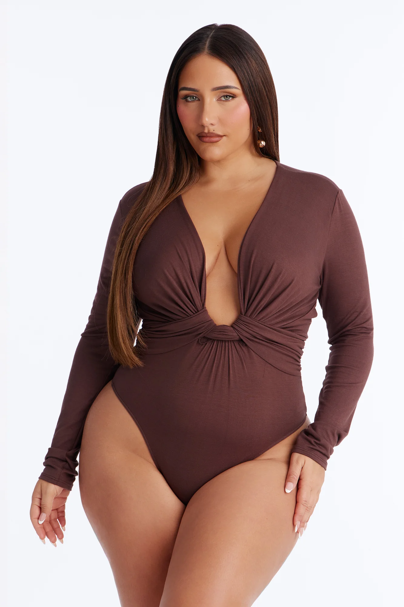 Sweet Oasis Deep V-Neck Long Sleeve Bodysuit - Brown - Image 6