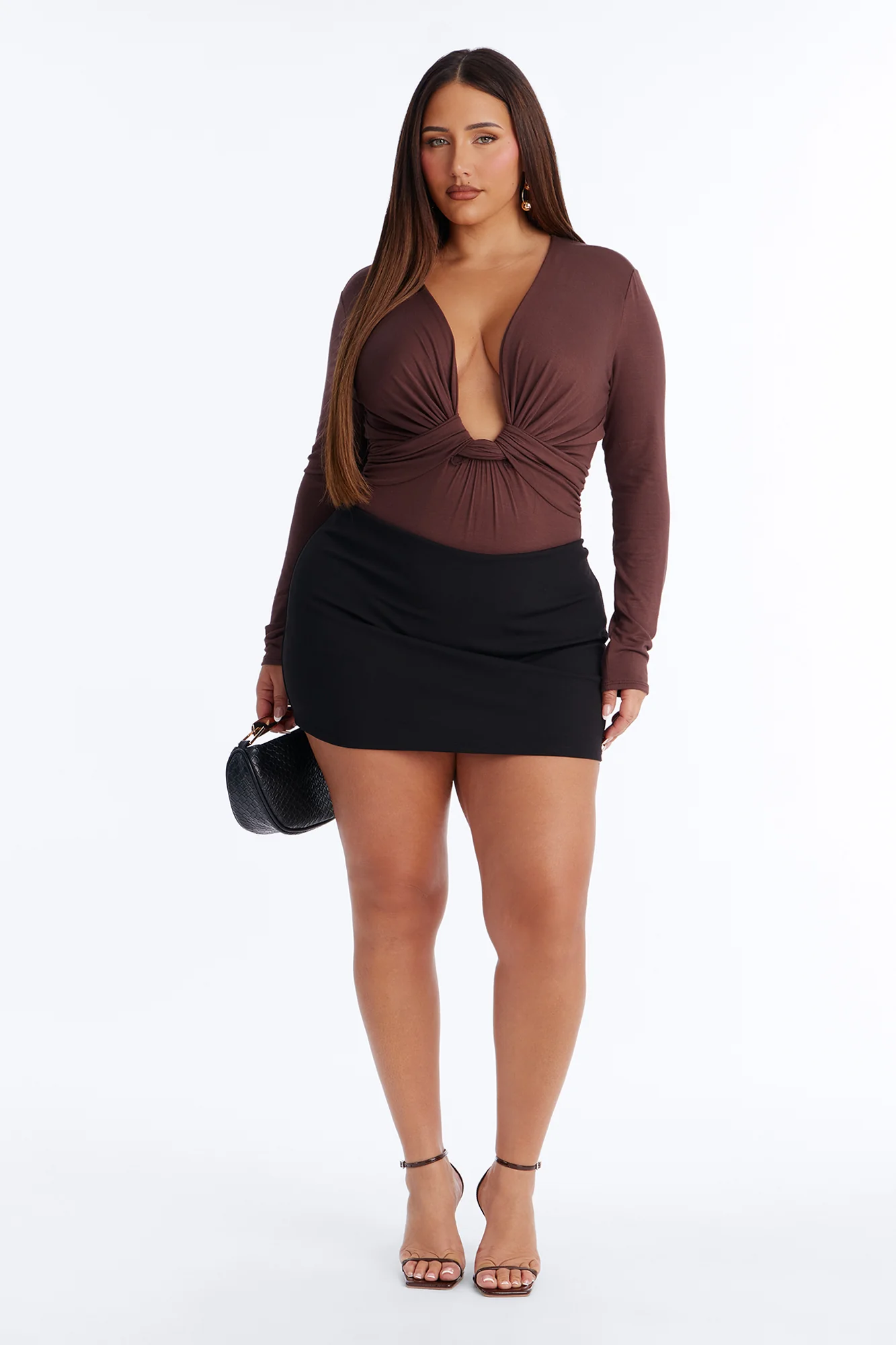 Sweet Oasis Deep V-Neck Long Sleeve Bodysuit - Brown - Image 7