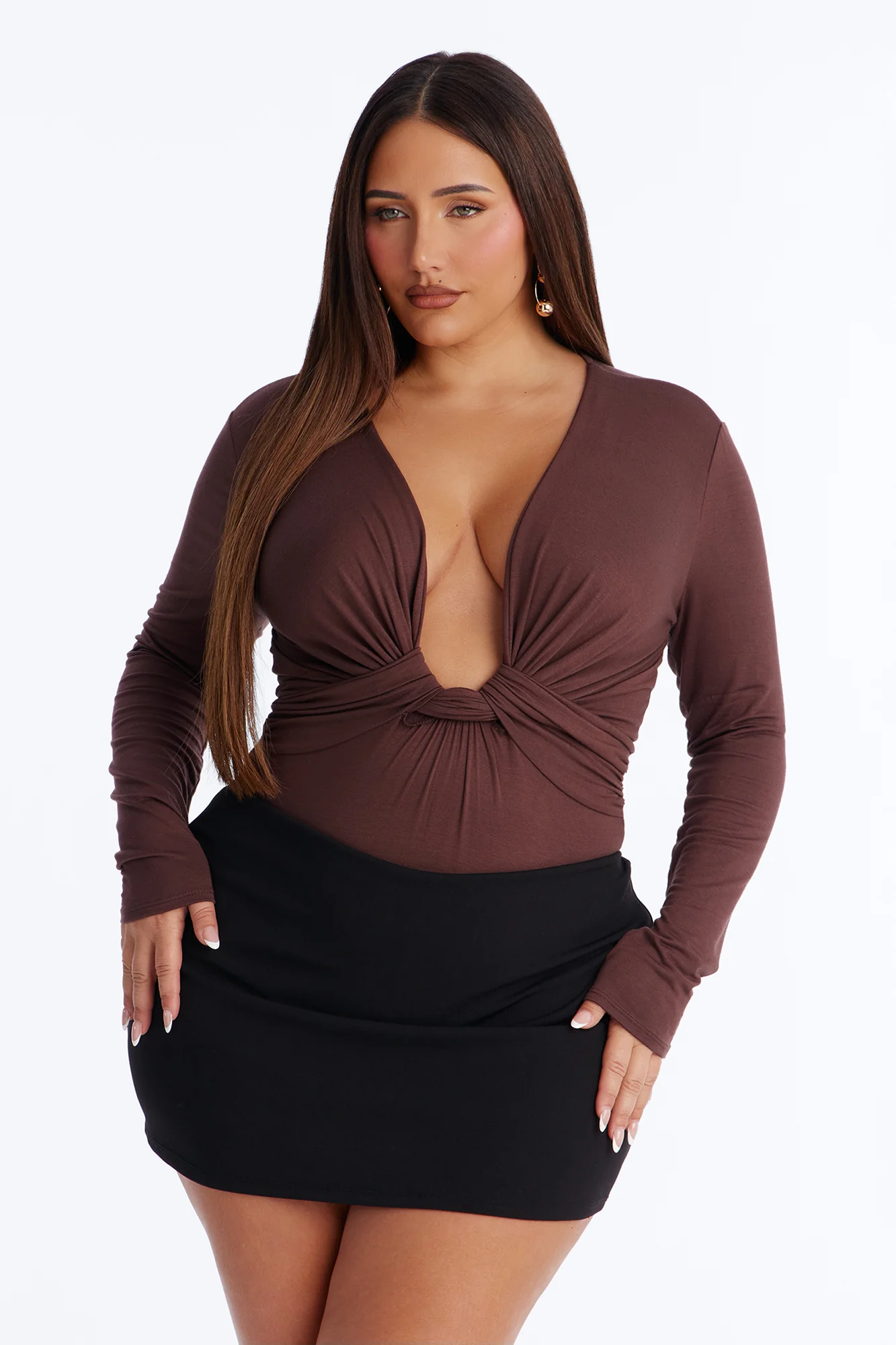 Sweet Oasis Deep V-Neck Long Sleeve Bodysuit - Brown - Image 8