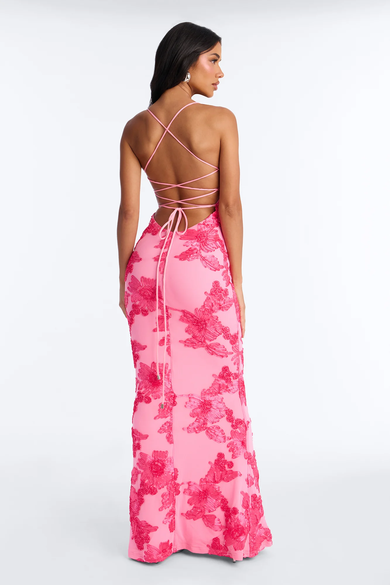 Sweet Petals Embroidered Mesh Gown - Hot Pink - Image 3