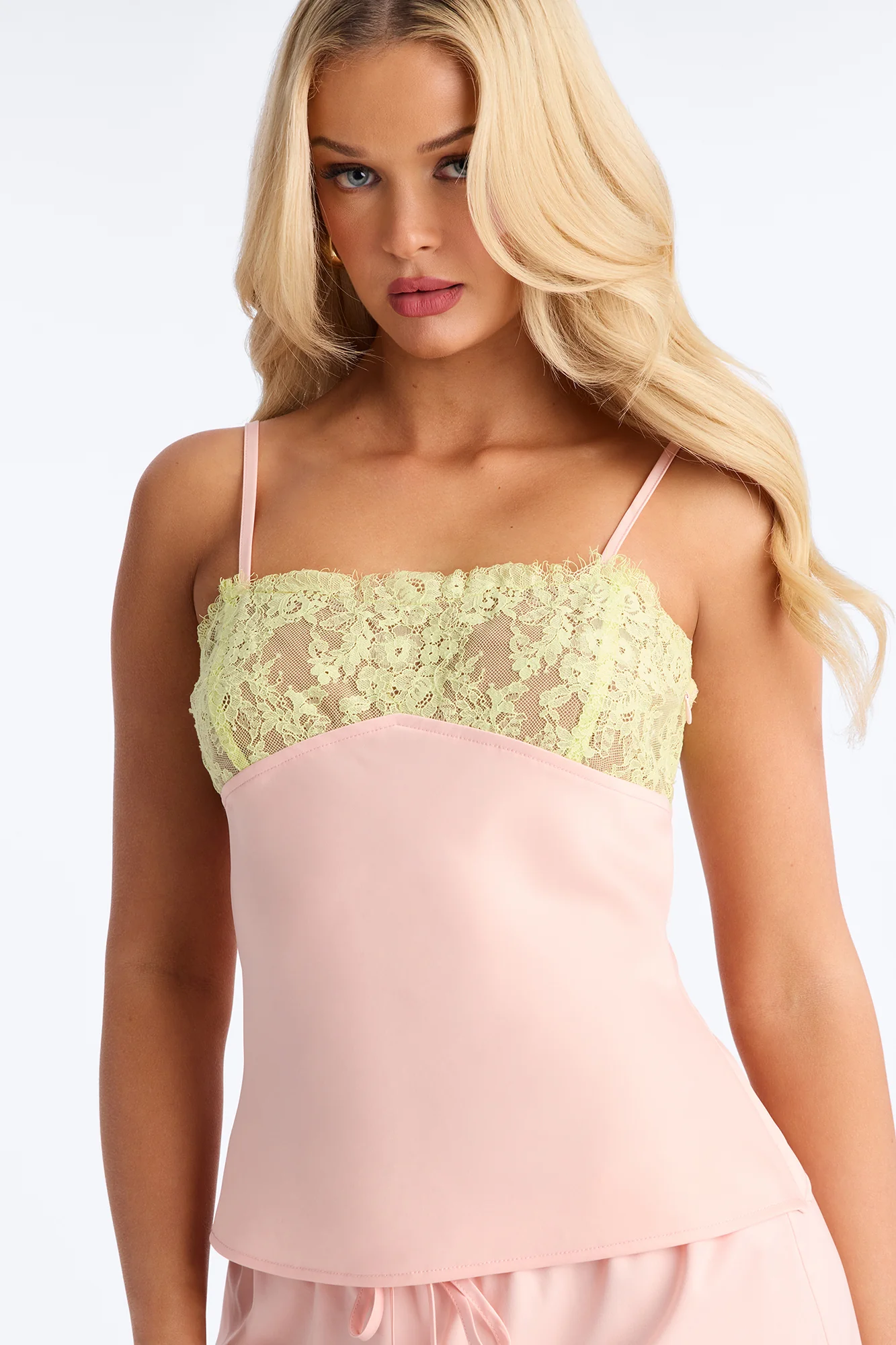 Sweet Satin Lace Trim Cami Top - Pink/combo