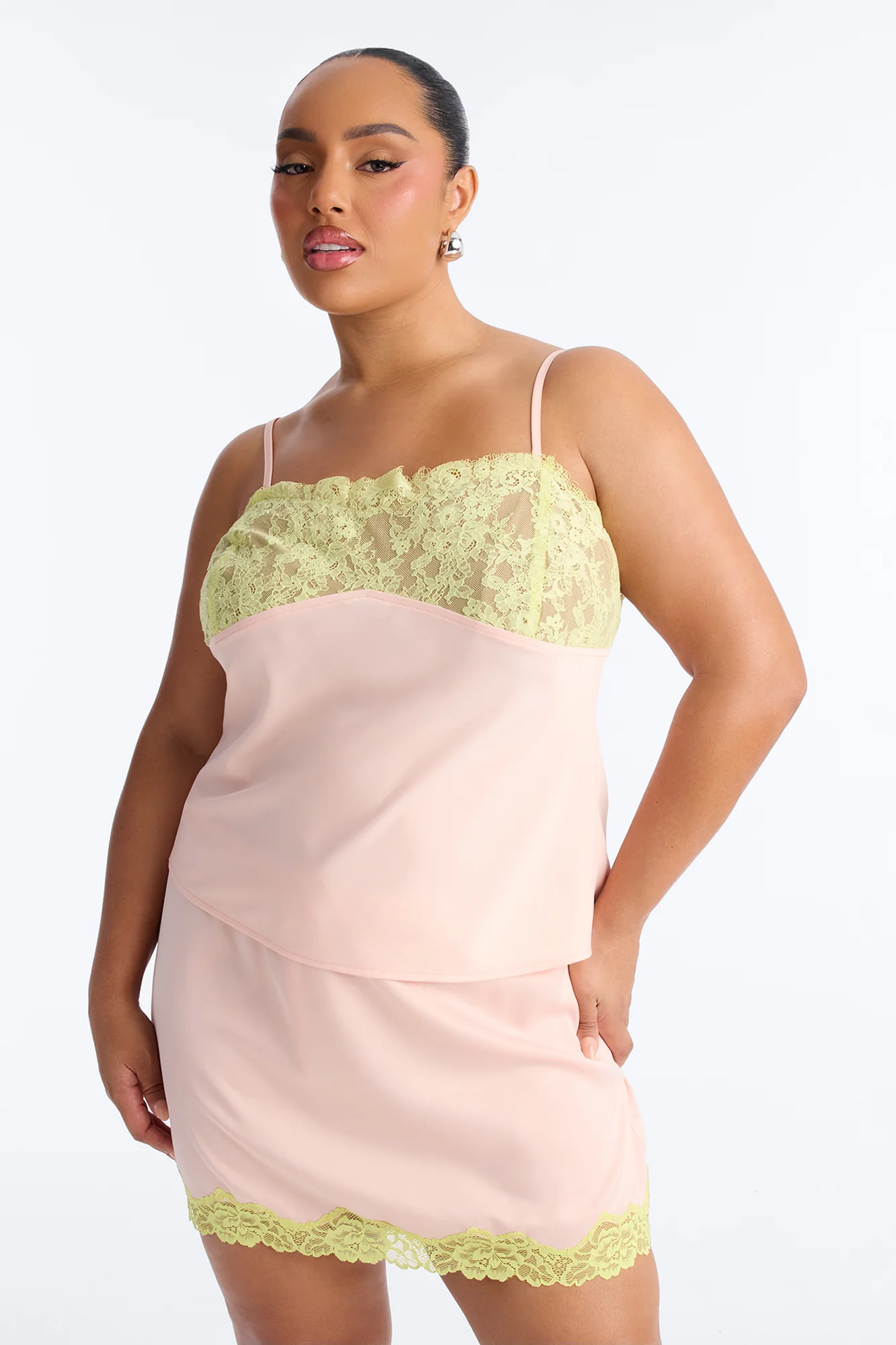 Sweet Satin Lace Trim Cami Top - Pink/combo - Image 4
