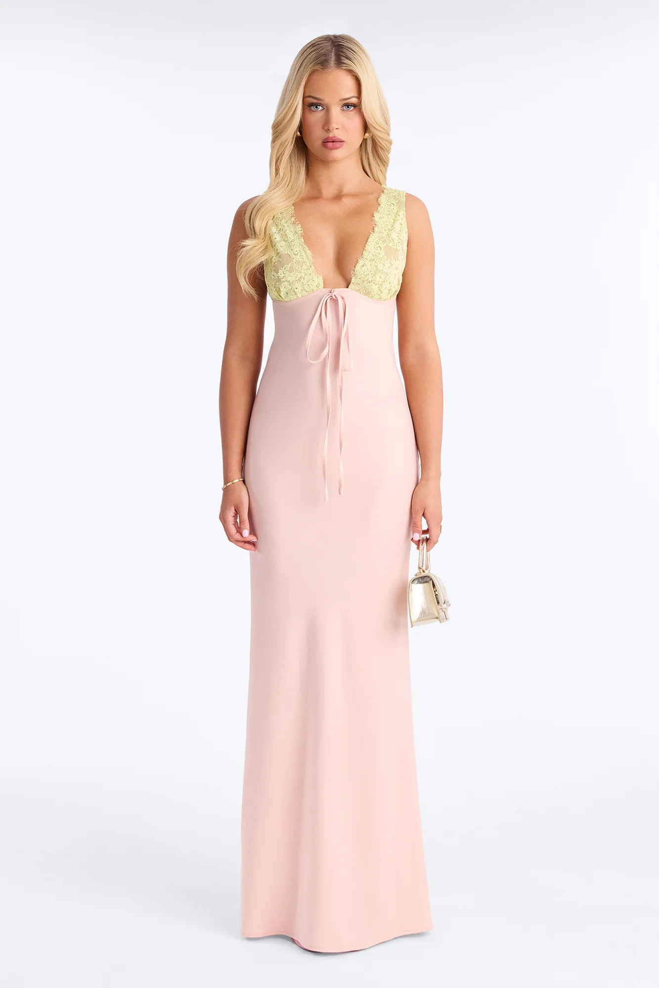 Sweet Satin Lace Trim Maxi Dress - Pink/combo