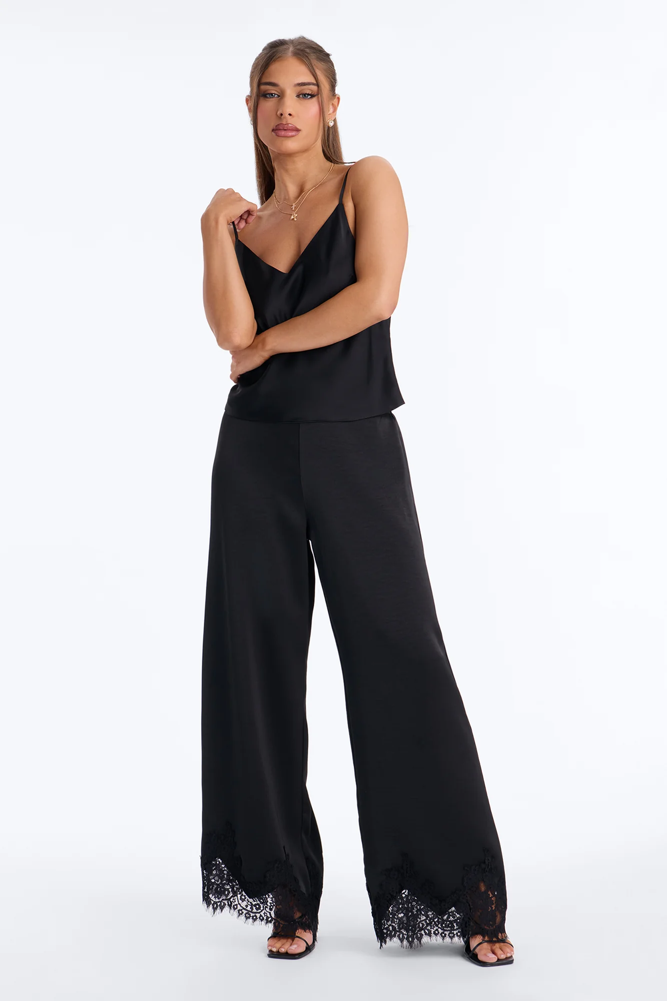 Sweet Sensation Lace Trim Satin Pants 30″ - Black