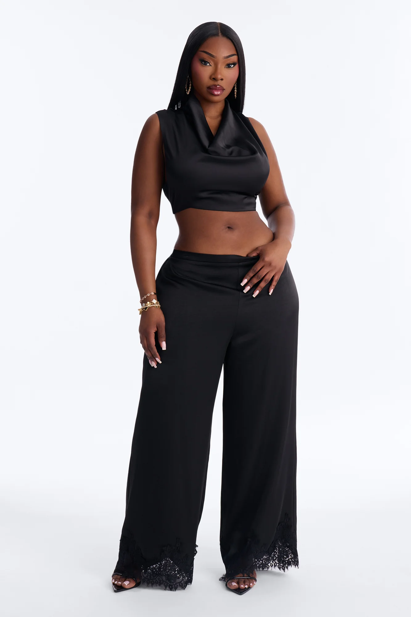 Sweet Sensation Lace Trim Satin Pants 30″ - Black - Image 4