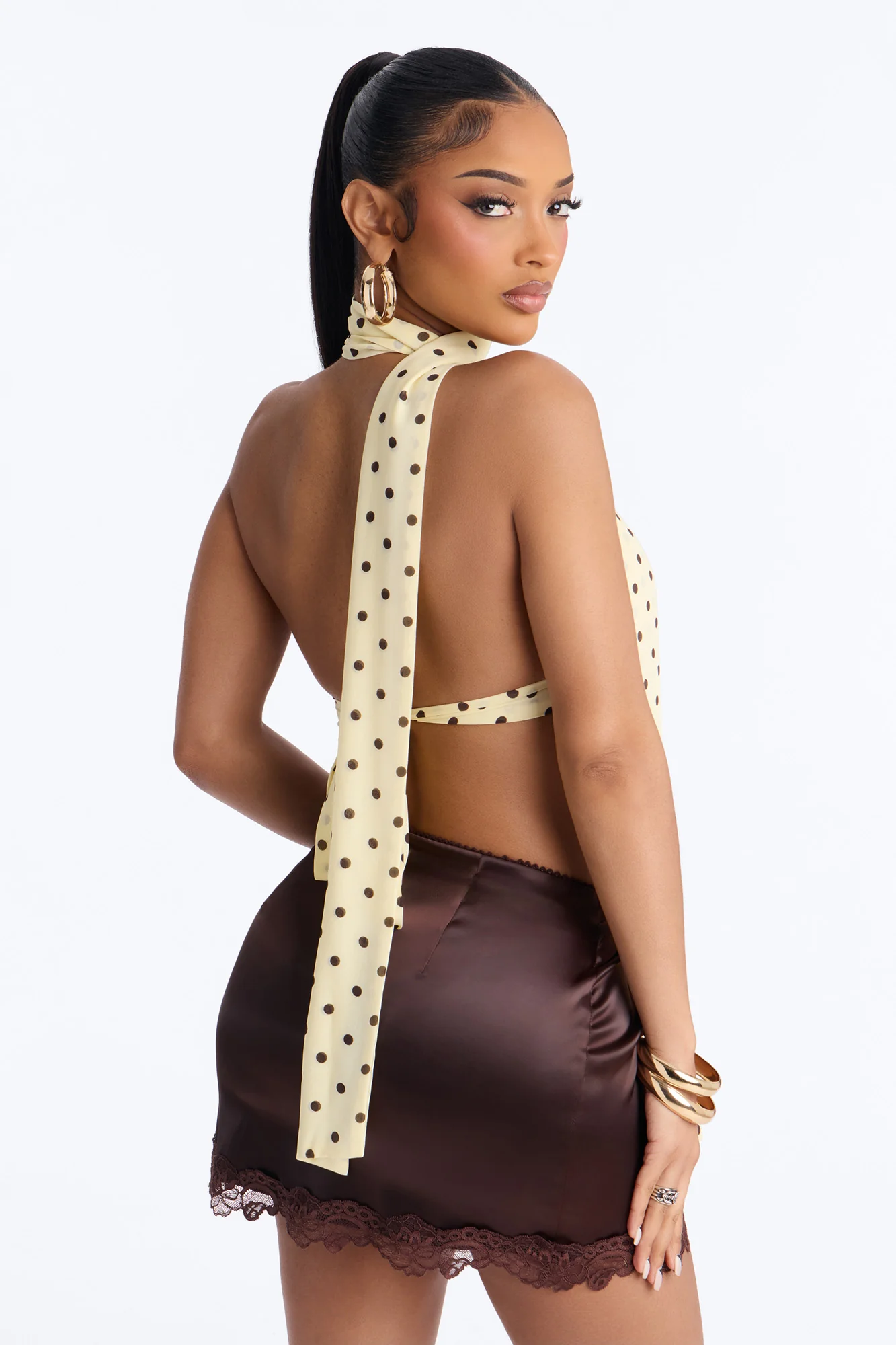 Sweet Tea Polka Dot Scarf Halter Top 2 Piece Set - Yellow/combo - Image 4