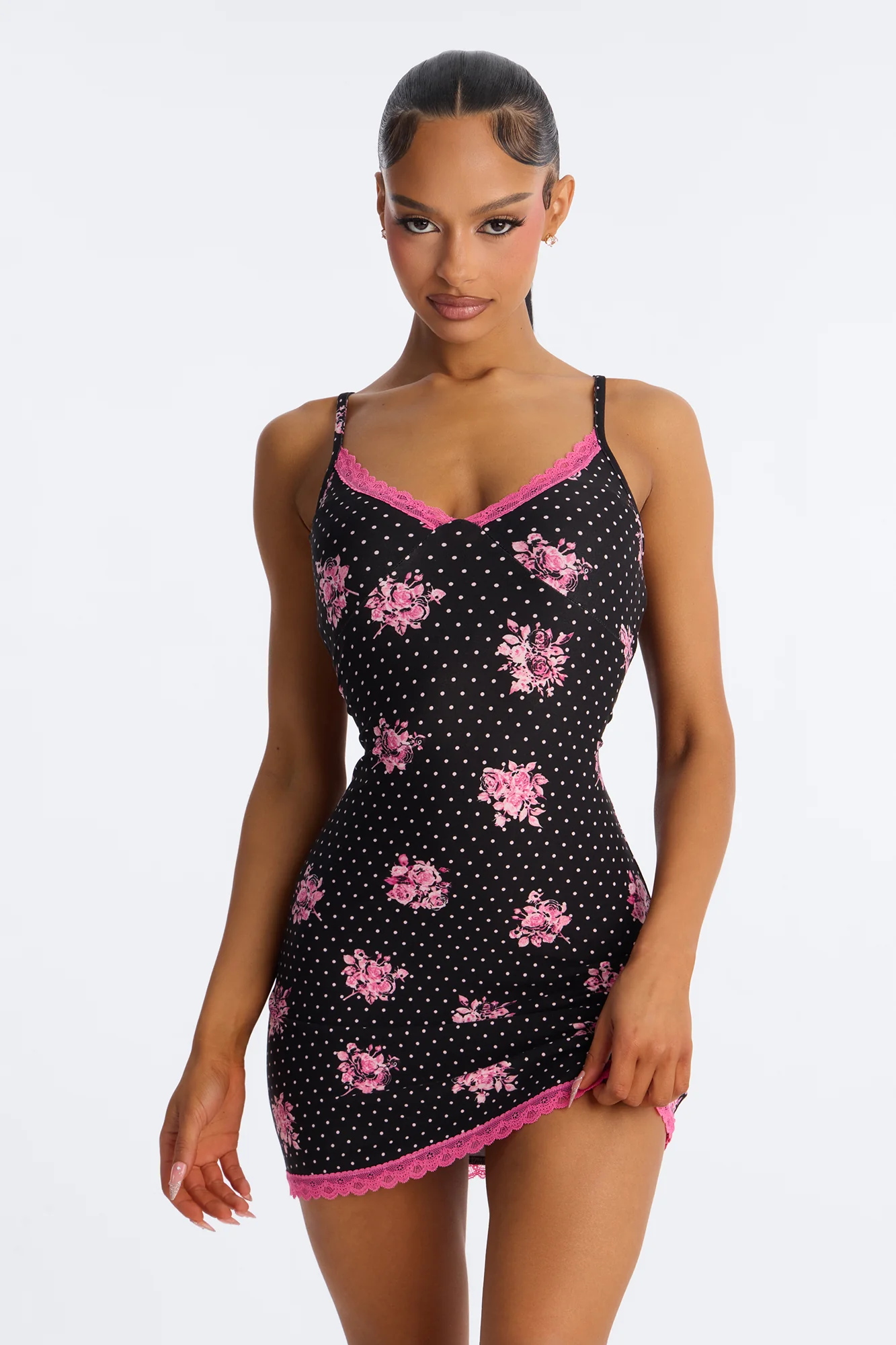 Sweet With An Edge Polka Dot Rose PJ Cami Sleep Dress - Black/combo