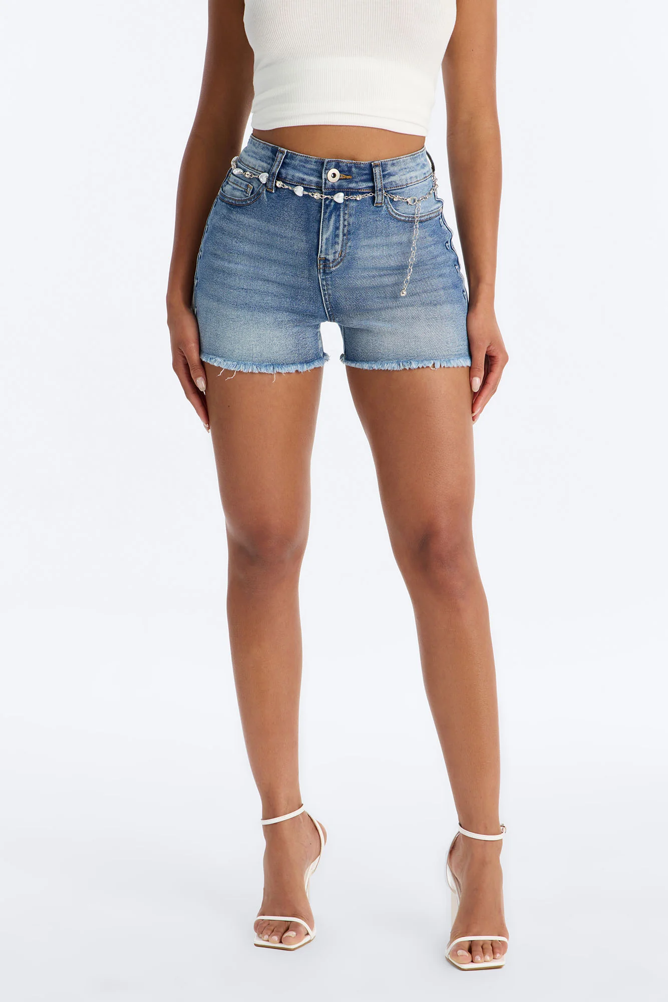 Sweetest Heart Embossed Belted Denim Shorts - Medium Wash - Image 3