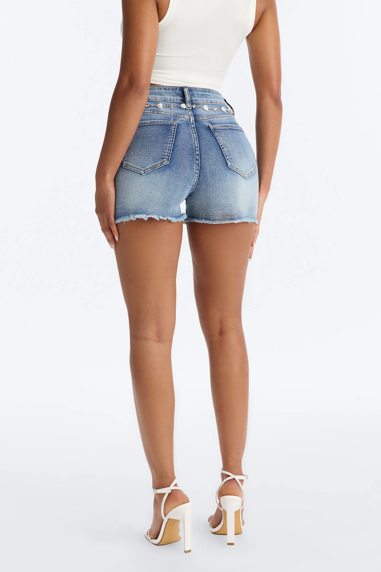 Sweetest Heart Embossed Belted Denim Shorts - Medium Wash - Image 4