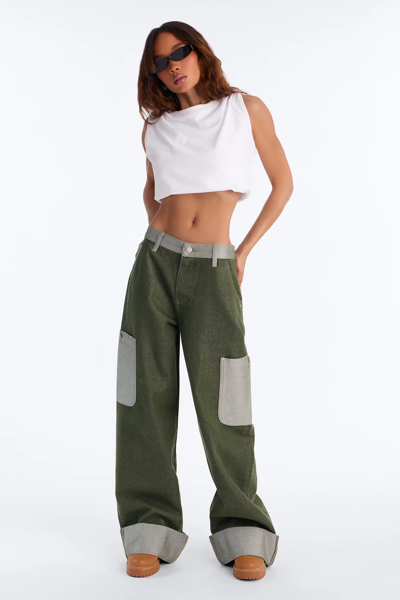 Sydney Cargo Cuffed Wide Leg Jeans - Olive - Image 2